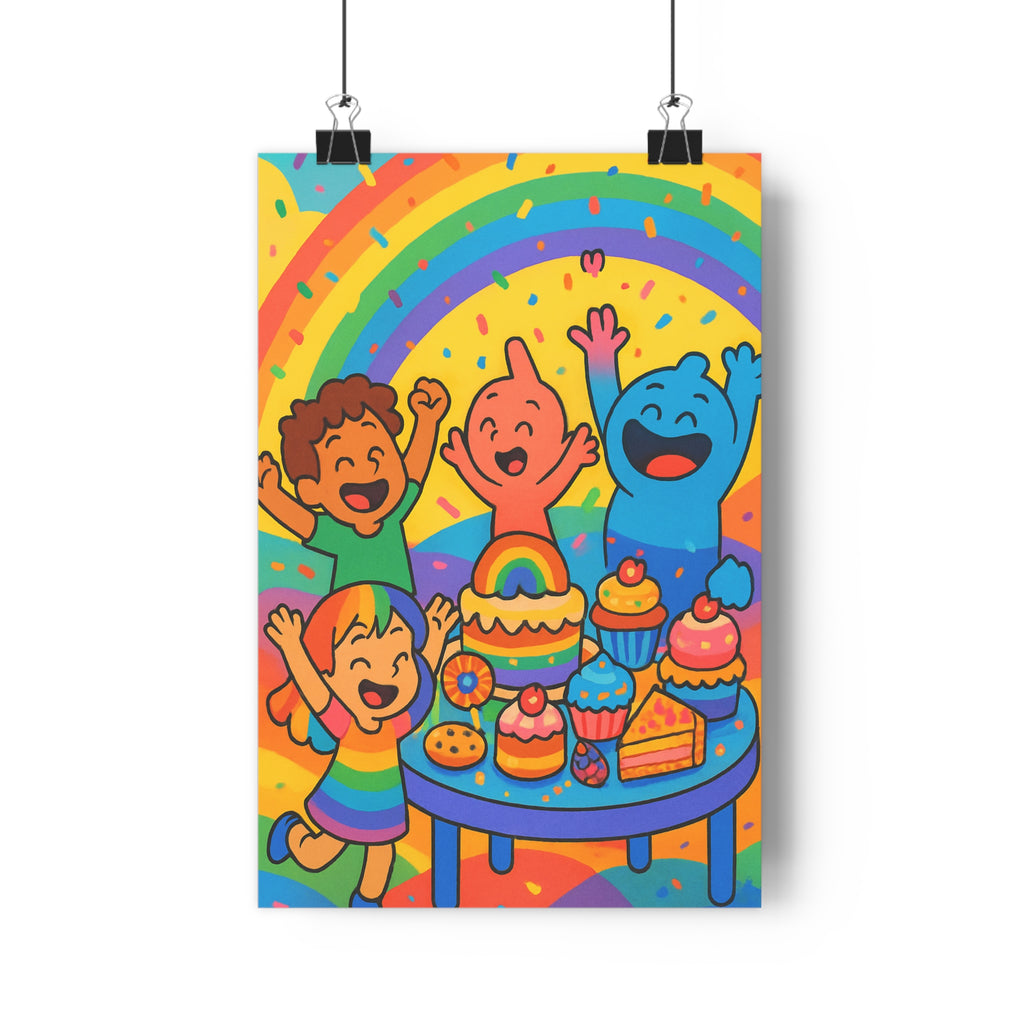 Poster décoratif festif coloré joyeux animé enfants gâteau arcenciel moderne vibrant chambre salon qualité