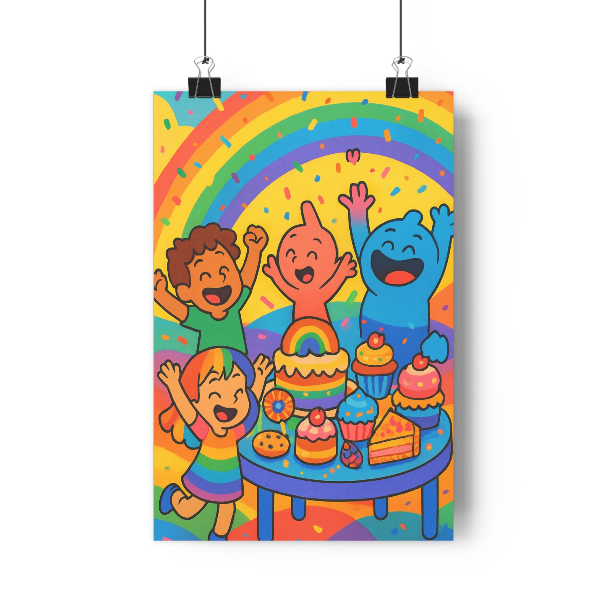 Poster décoratif festif coloré joyeux animé enfants gâteau arcenciel moderne vibrant chambre salon qualité