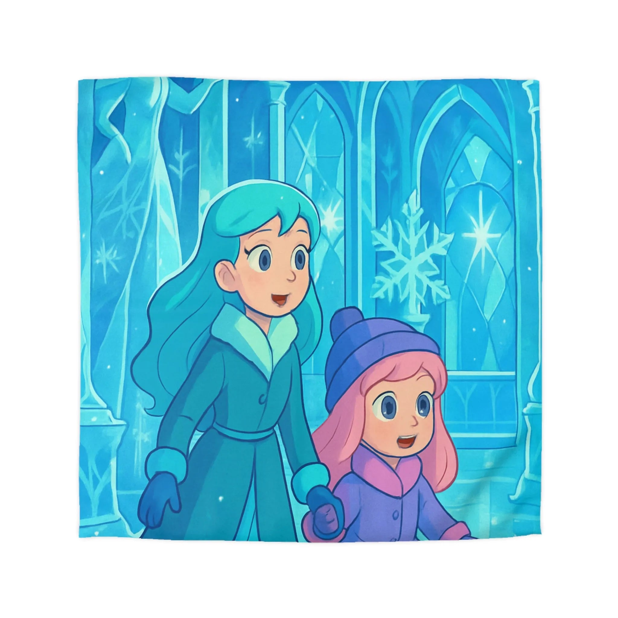 Élégante Housse Couette Glacée Enfants Magie Arctique avec Motifs Flocons et Statues