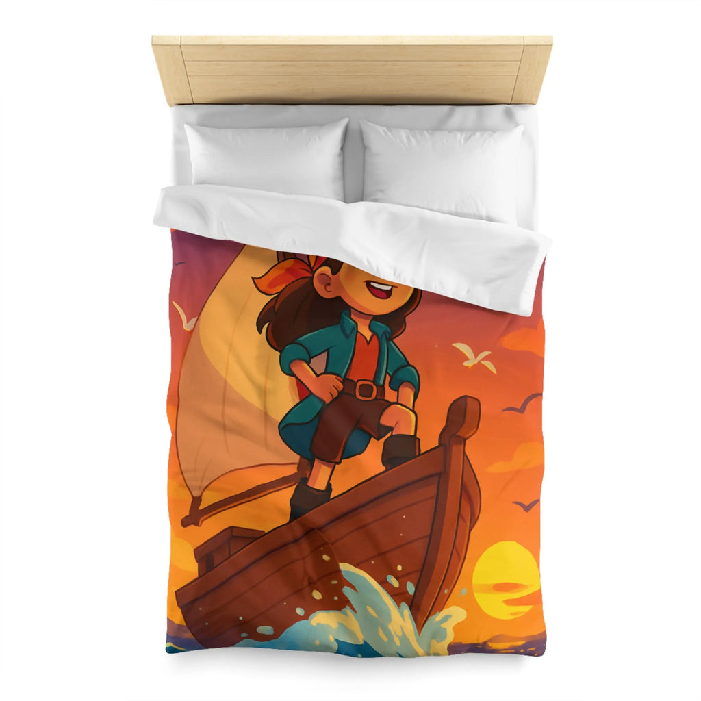Housse de couette enfant motif pirate aventure en mer avec coucher de soleil vibrant