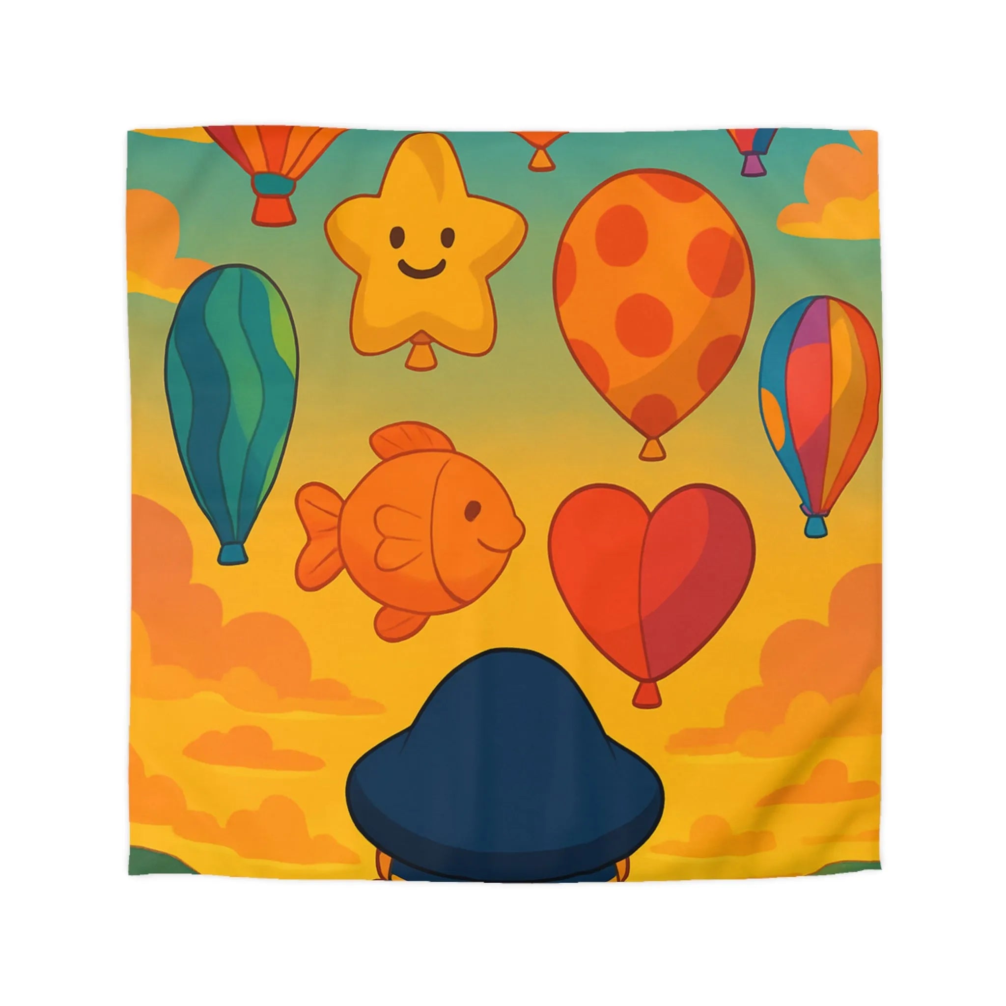 Housse de couette enfant avec montgolfières colorées et paysage au coucher du soleil