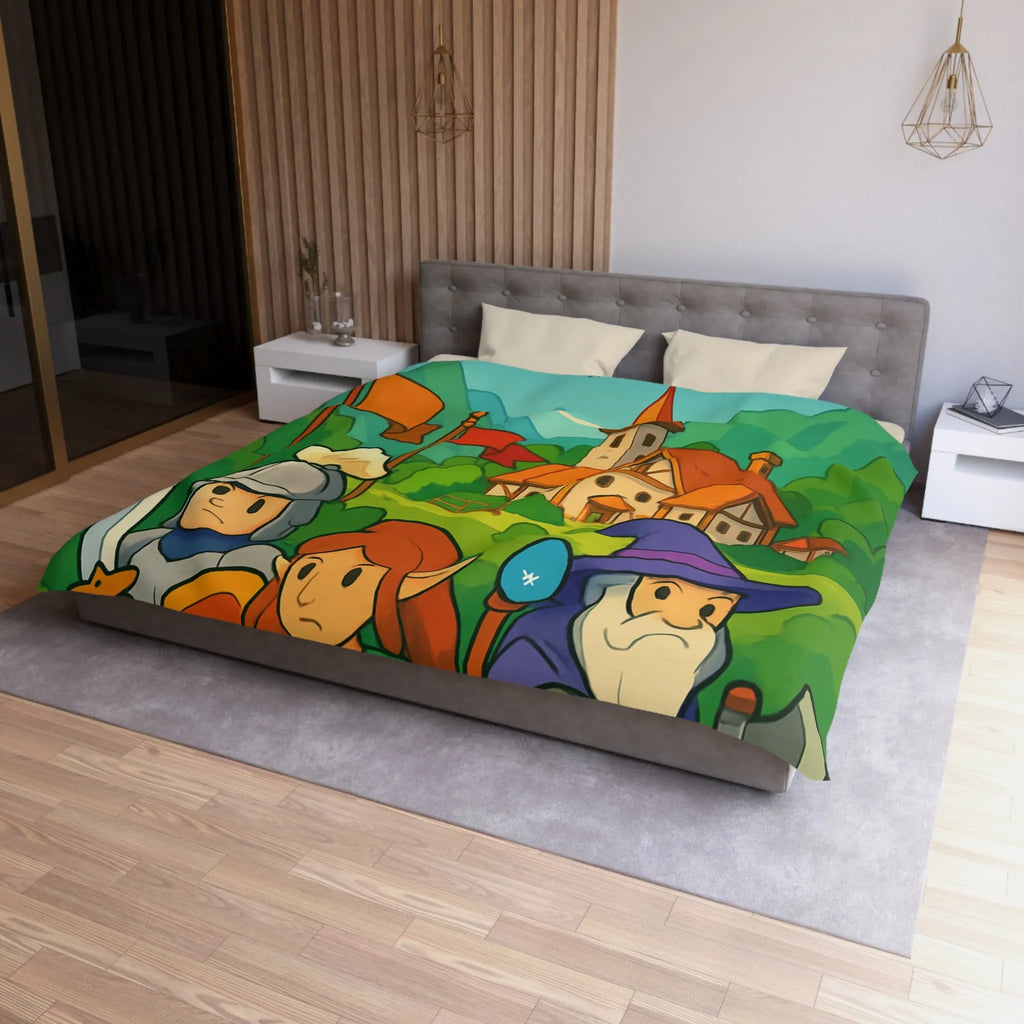 Housse de couette aventure médiévale avec dragons, chevalier, elfe, sorcier et troll