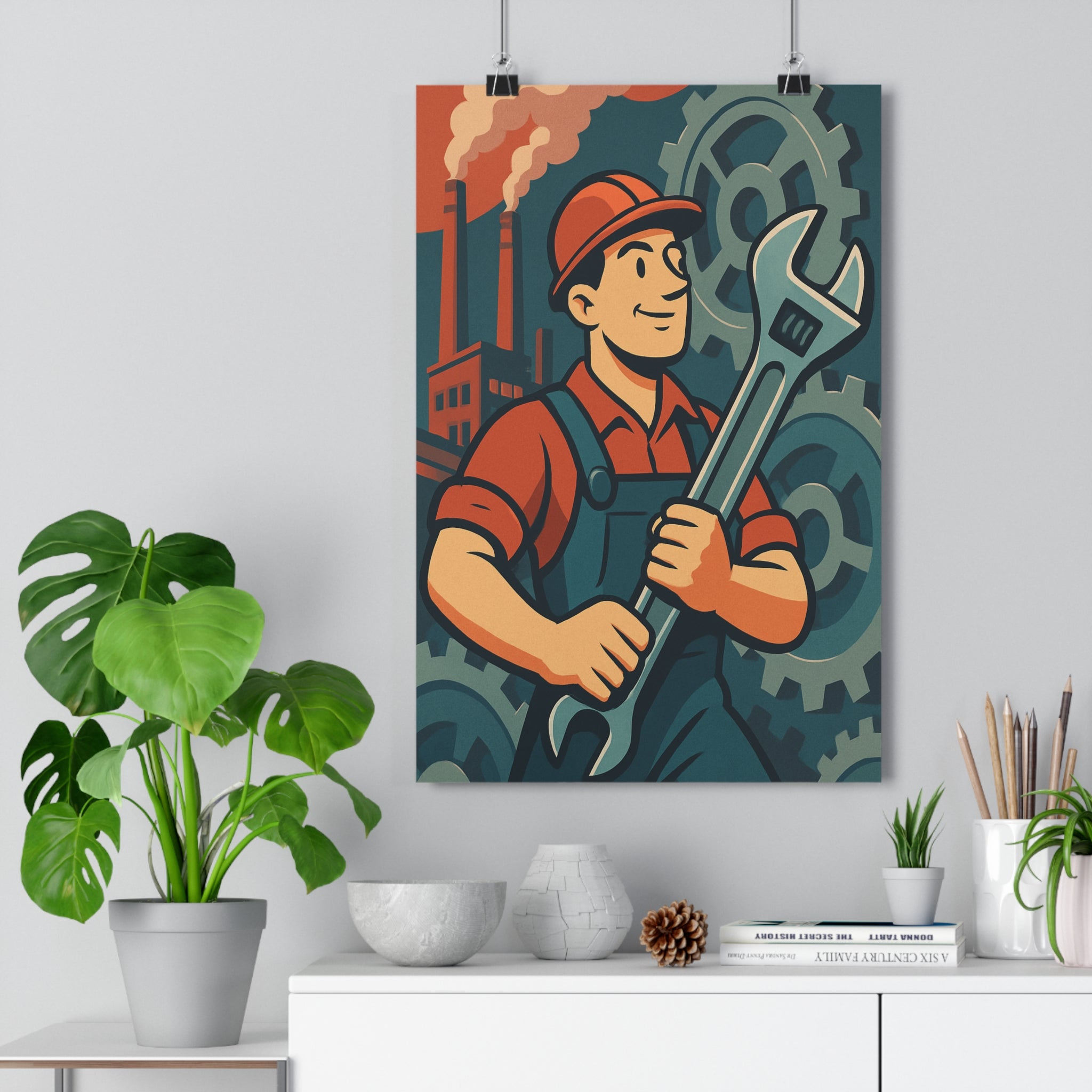 Poster décoratif industriel rétro rouge bleu beige steampunk bureau dynamique cartoon mécanique innovation créativité