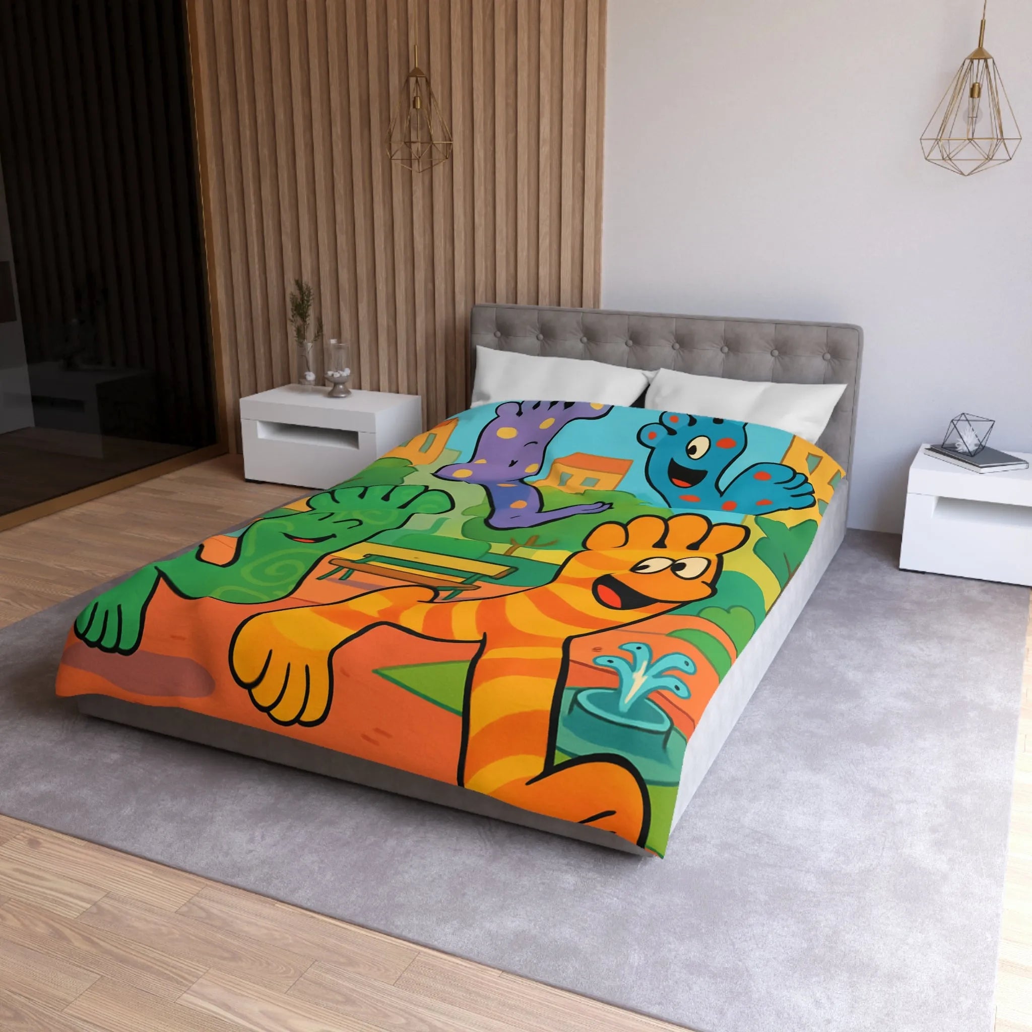 Housse de couette ludique avec motifs pieds colorés dans un parc joyeux urbain