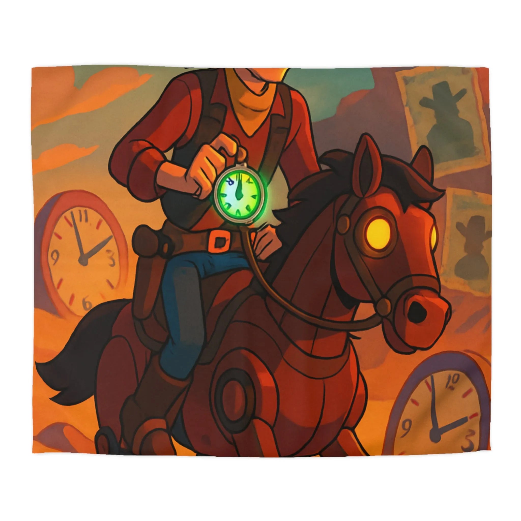 Housse de couette cowboy futuriste avec cheval mécanique et montres vintage dans désert