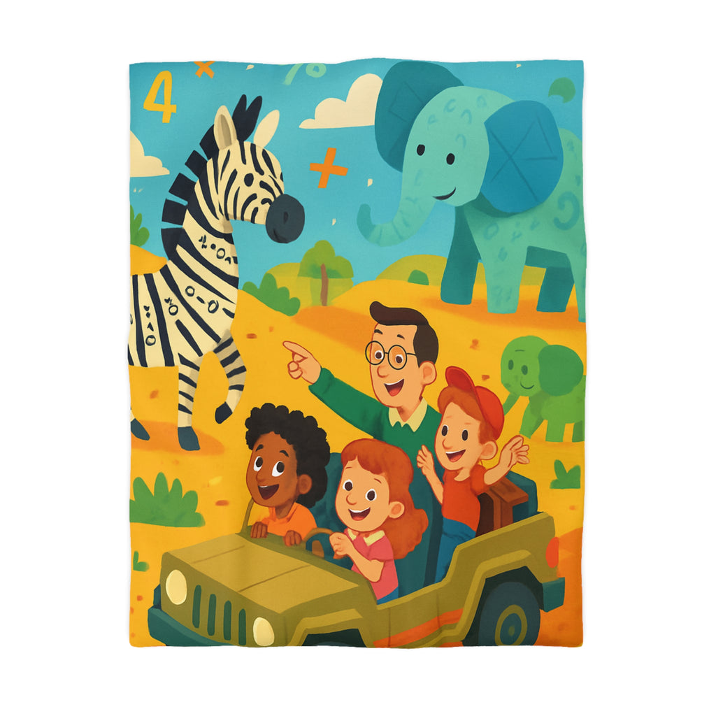 Housse de Couette Safari Éducatif avec Animaux Colorés et Enfants en Aventure