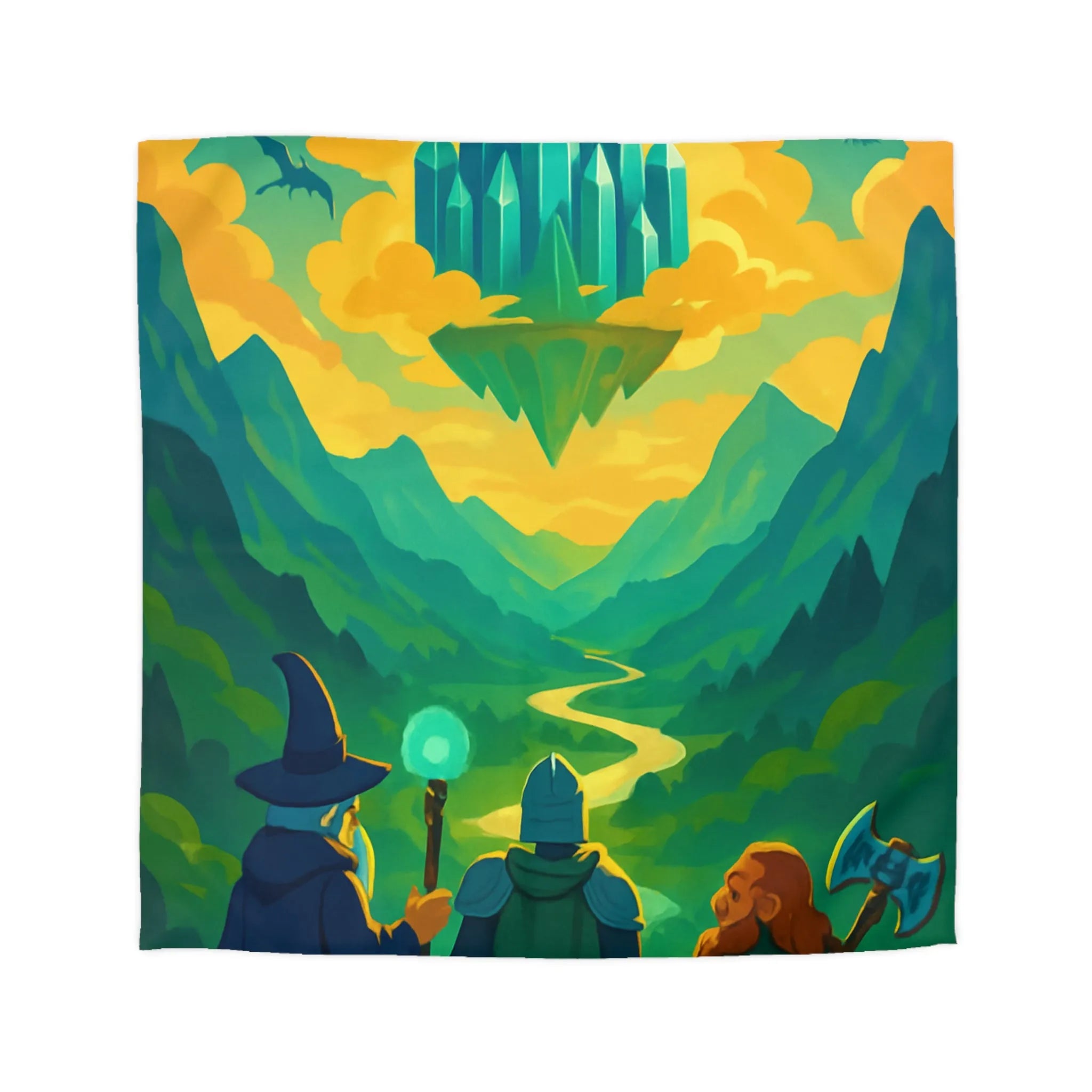 Housse de Couette Fantastique avec Vues Épiques de Cristal, Montagnes et Aventures Mythiques