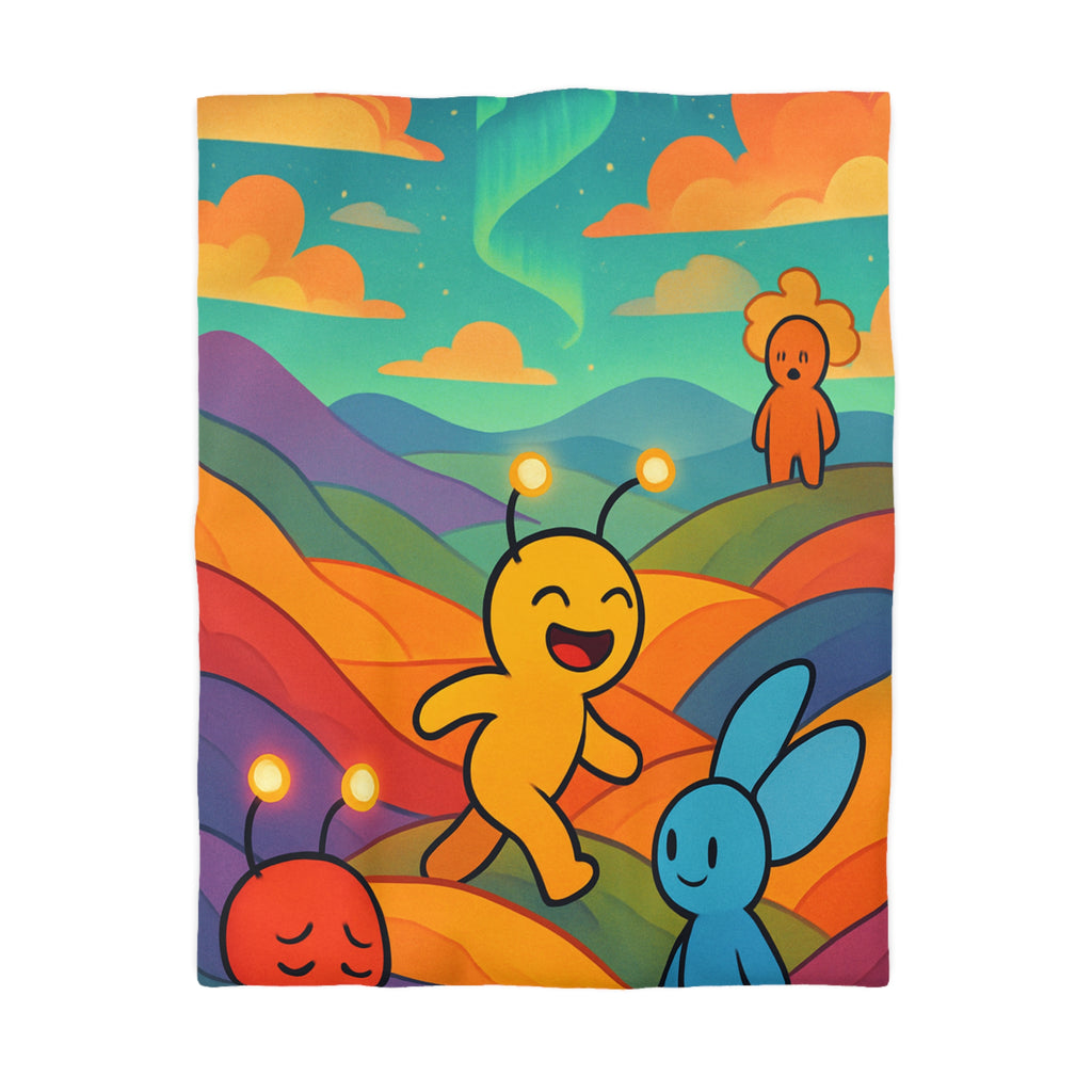 Housse de Couette Vibrante avec Paysage Arc-en-ciel et Personnages Amusants Colorés