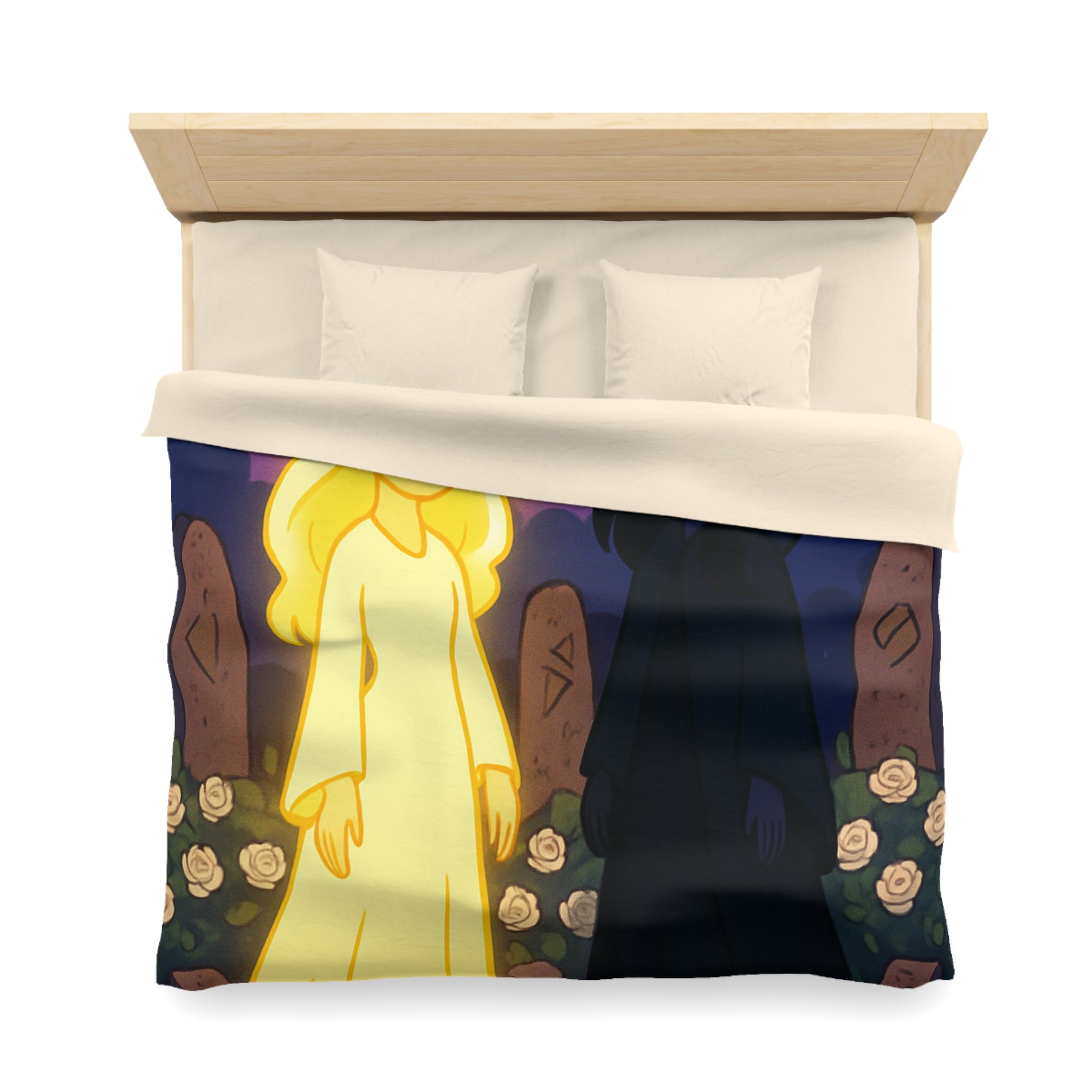Housse de couette réversible avec deux figures mystérieuses en contraste lumineux, nature étoilée