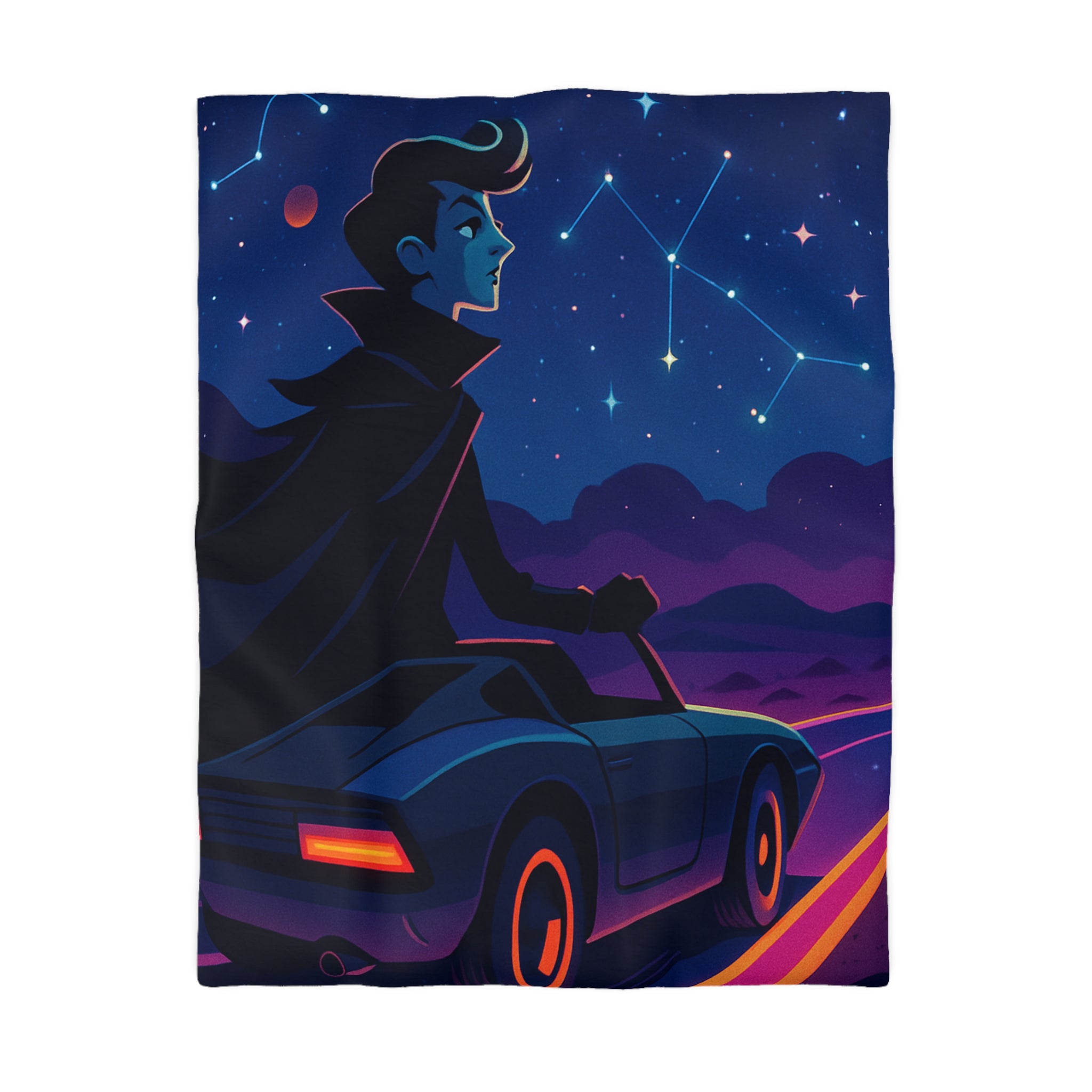 Housse de couette rétro avec constellations et voiture sous ciel étoilé et planète