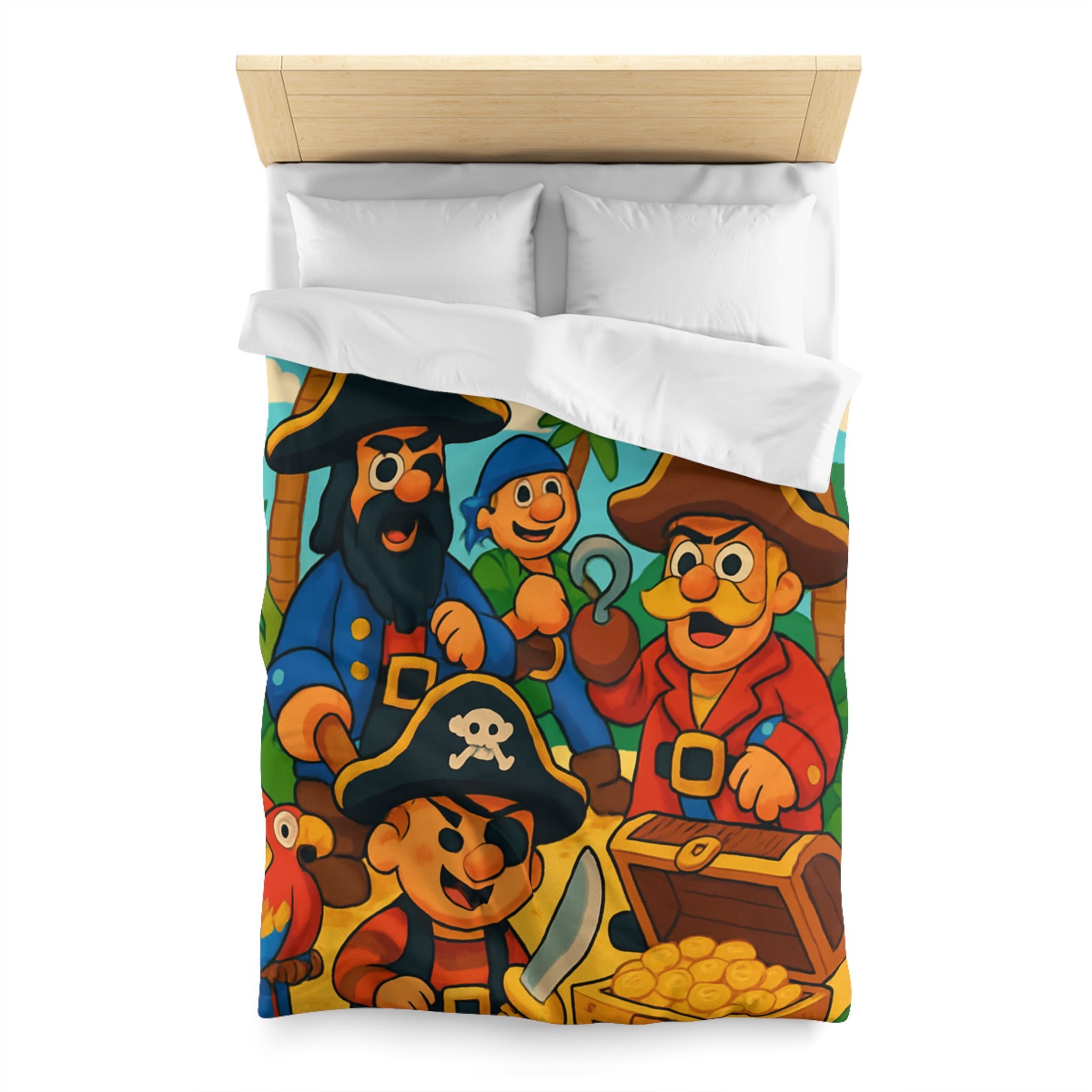 Housse de couette pirate colorée avec trésors, perroquets et personnages joyeux animés