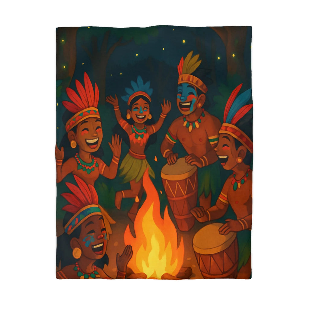 Housse de couette colorée avec illustration de danse tribale autour d'un feu de camp