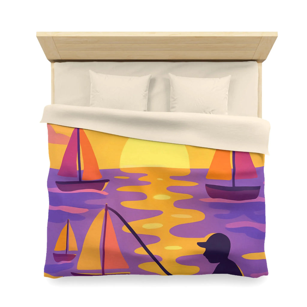 Housse de couette colorée avec voiliers et coucher de soleil magnifique au bord de l'eau