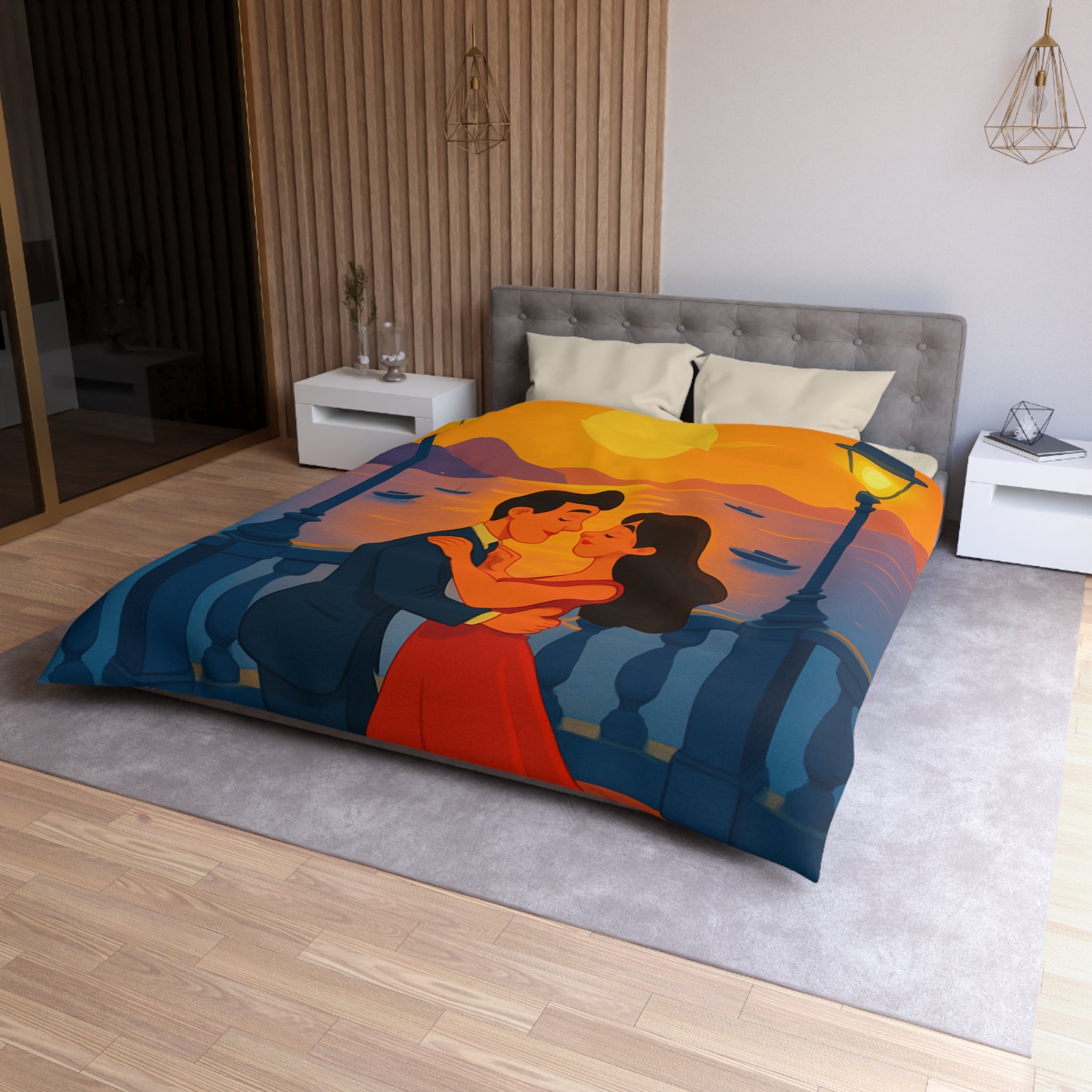 Housse de couette romantique coucher de soleil couple dansant au bord de mer