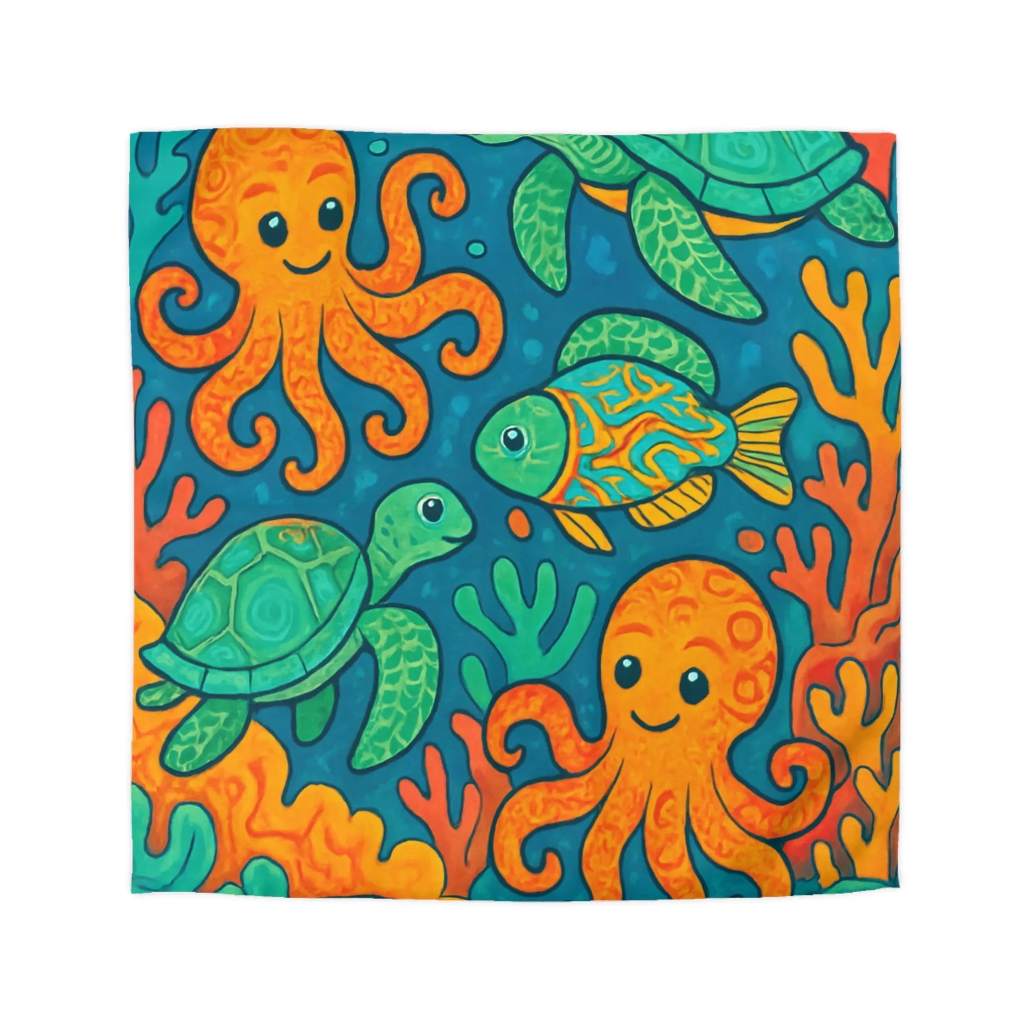 Ensemble de créatures marines joyeuses sous l'océan coloré, coraux orange vibrants