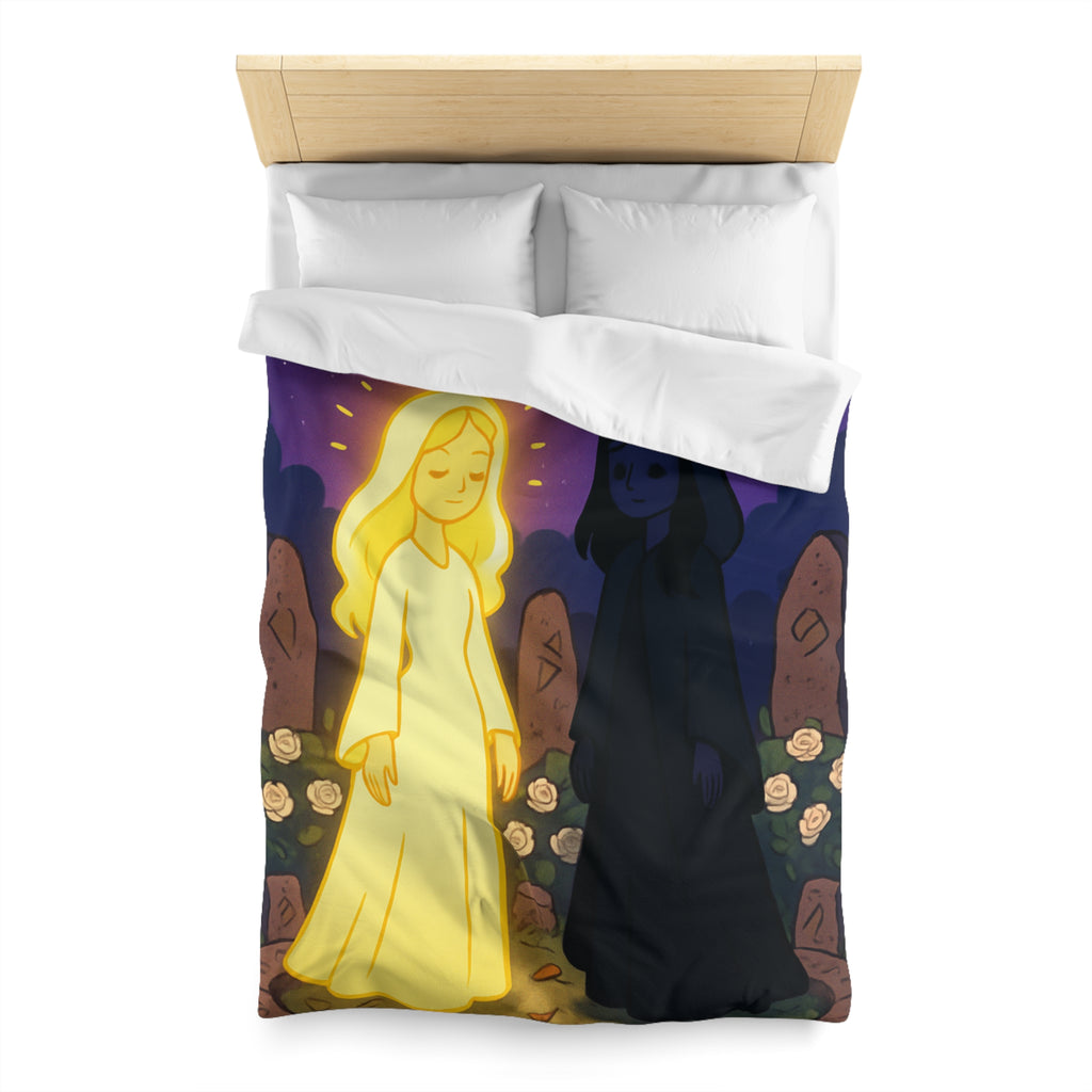 Housse de couette réversible avec deux figures mystérieuses en contraste lumineux, nature étoilée