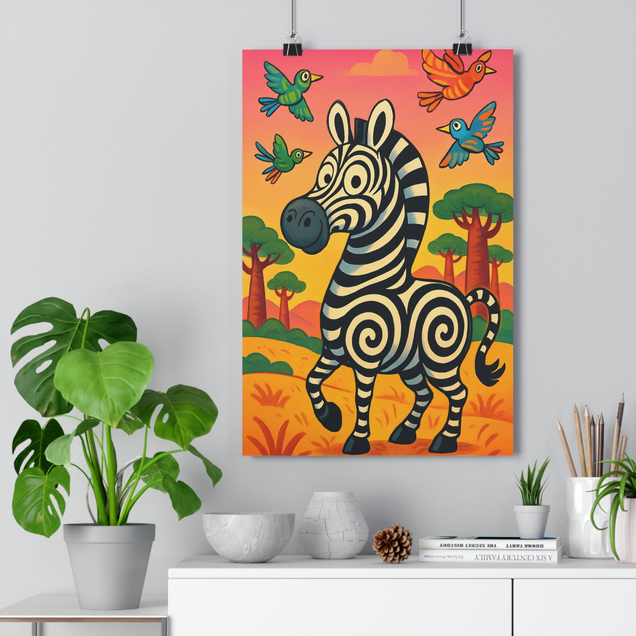 Poster décoratif cartoon zèbre noir blanc oiseaux colorés joyeux enfant chambre savane 30x46 cm