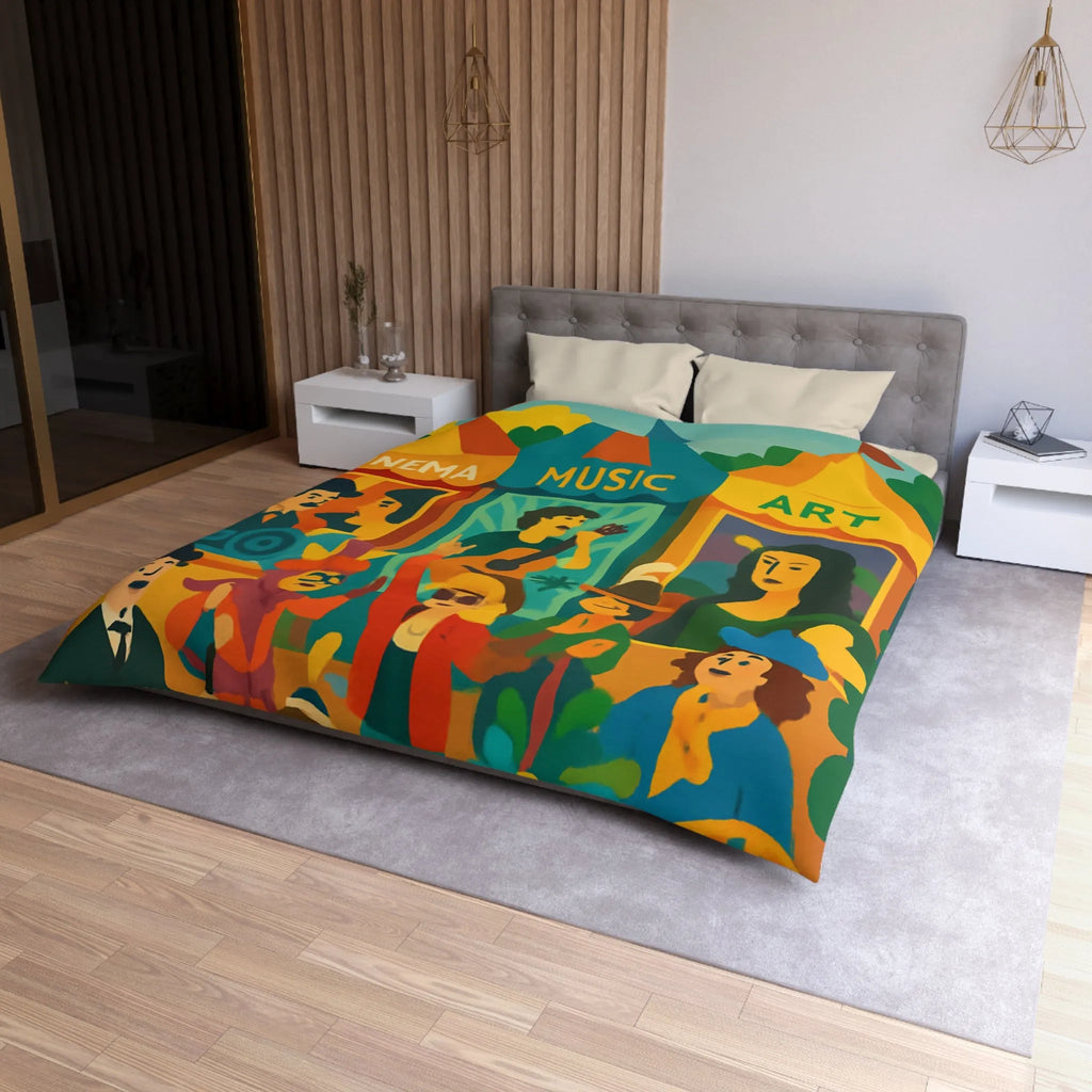 Housse de couette colorée avec motifs cinéma, musique et art, ambiance festive bohème