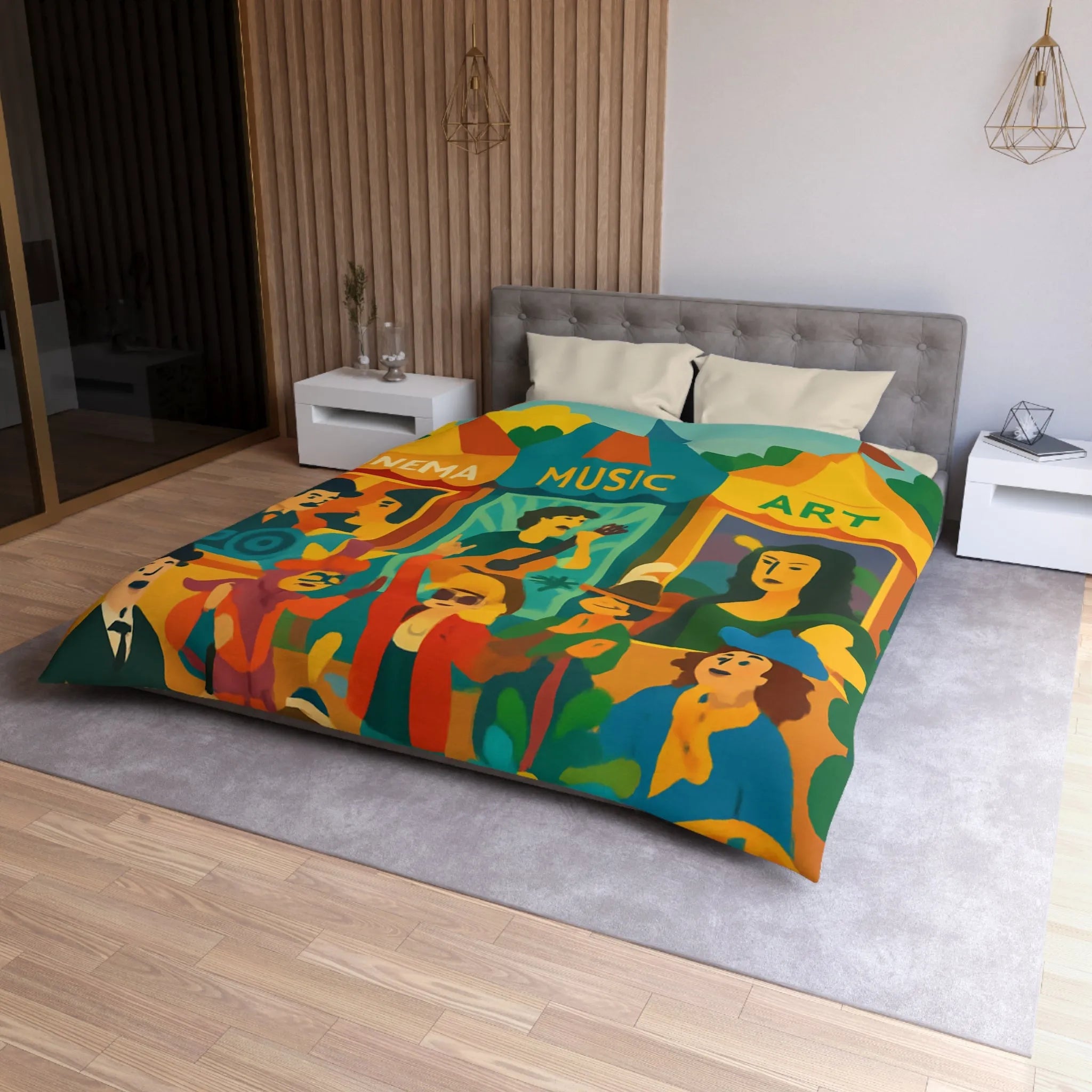 Housse de couette colorée avec motifs cinéma, musique et art, ambiance festive bohème