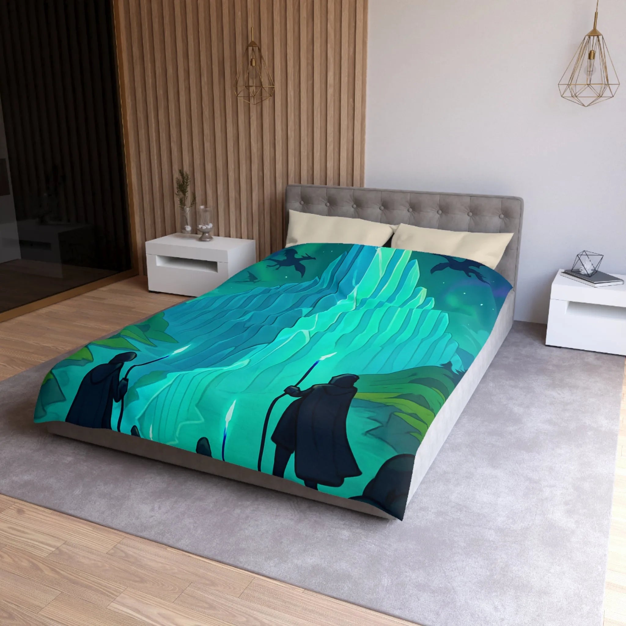 Housse de couette fantastique avec cristal géant et silhouettes de dragons au crépuscule