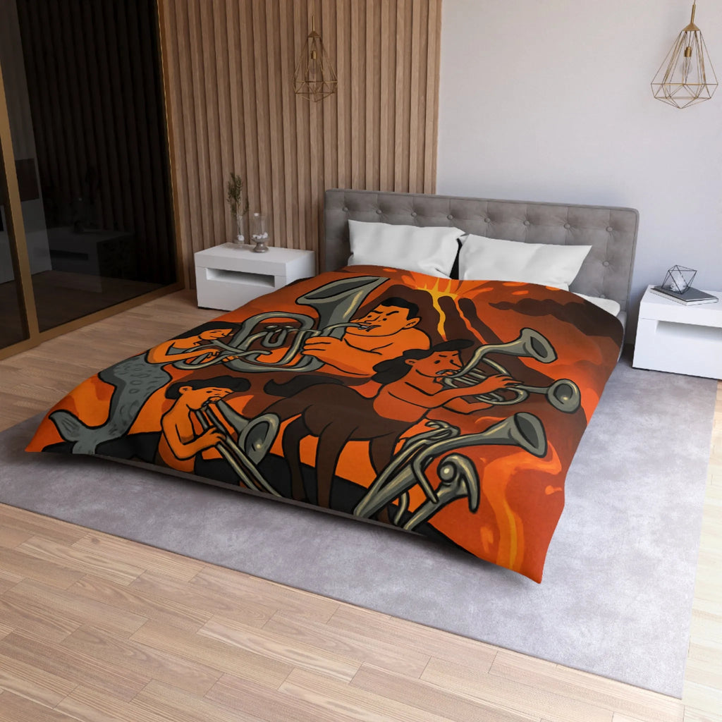 Housse de couette avec design mythique de musiciens sur fond volcanique flamboyant