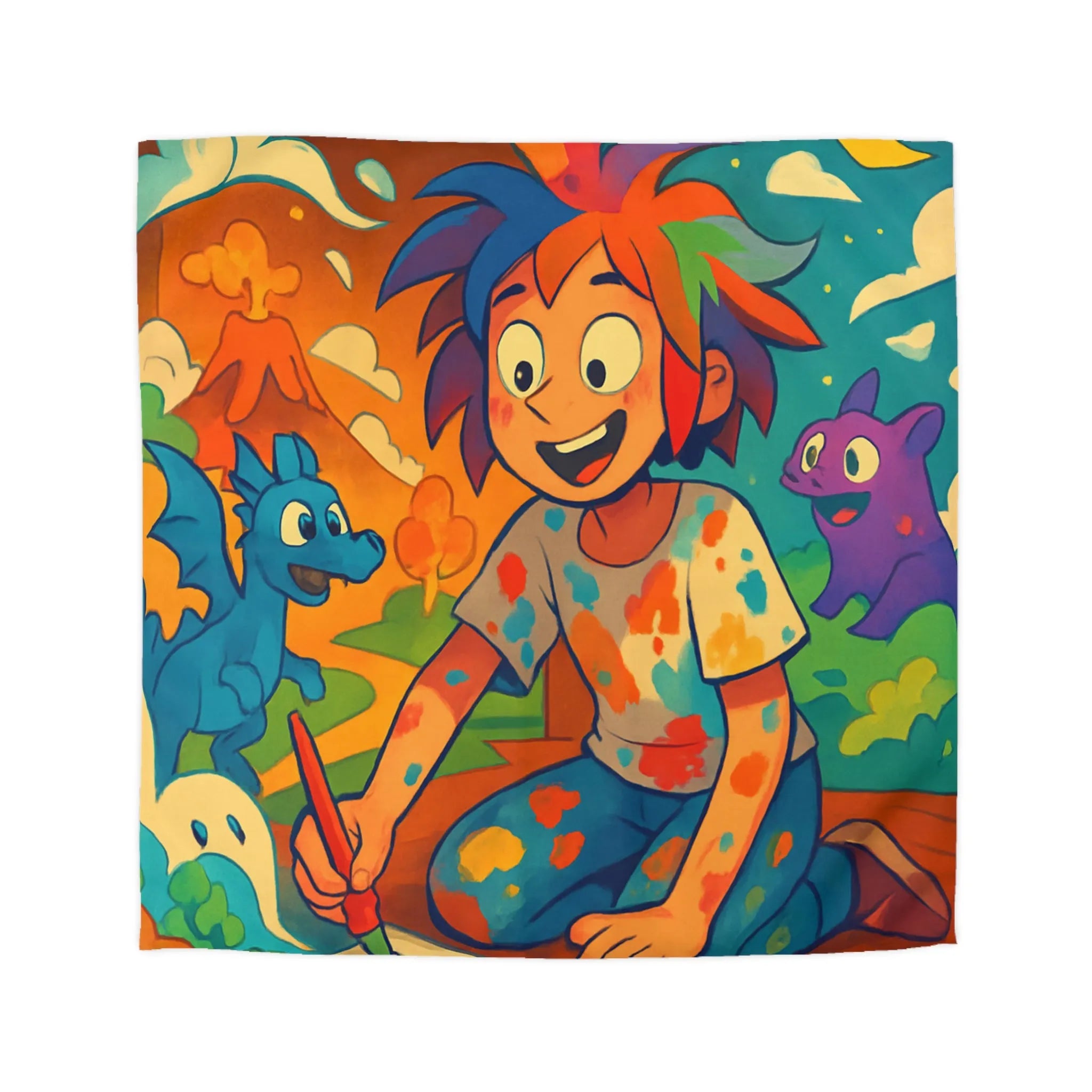 Housse de couette colorée illustrée avec enfant créatif et créatures fantastiques joyeuses