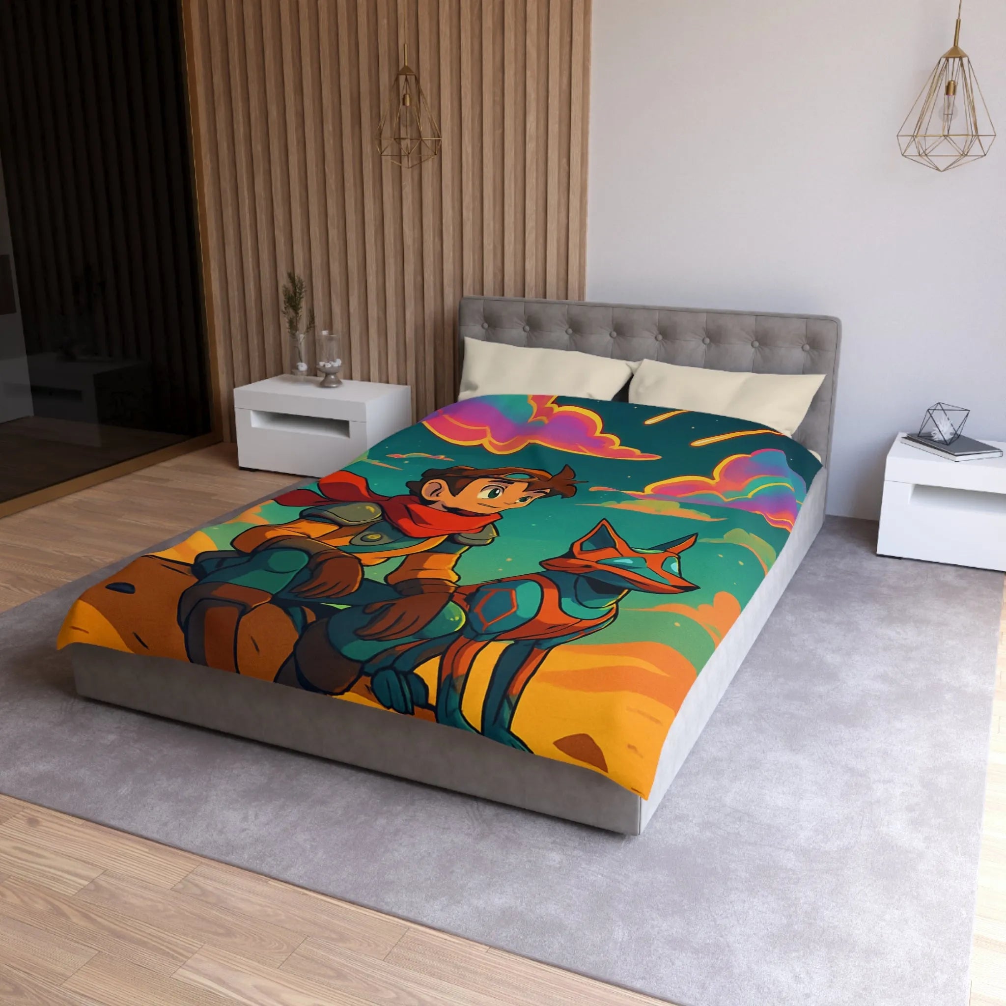 Housse de couette avec illustration colorée de personnage animé et chien robot sous ciel étoilé