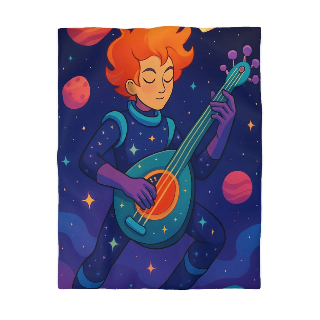 Housse de couette artistique espace avec musicien, planètes et comète colorée