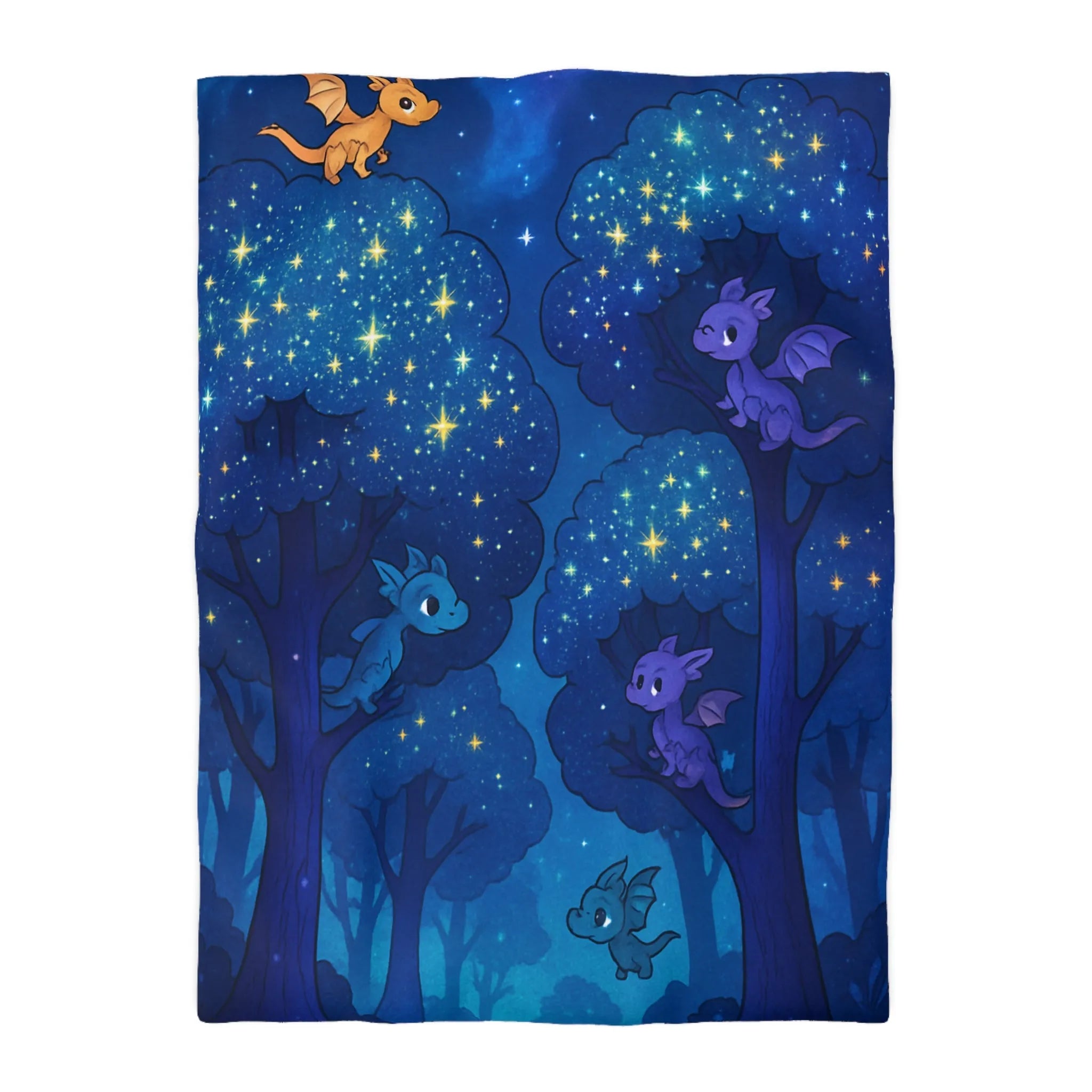 Housse de couette forêt nocturne enchantée avec dragons colorés et ciel étoilé