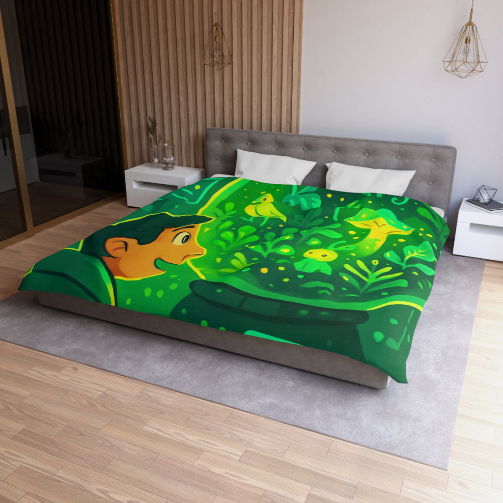 Housse de couette verte forêt magique avec créatures et éléments de laboratoire lumineux