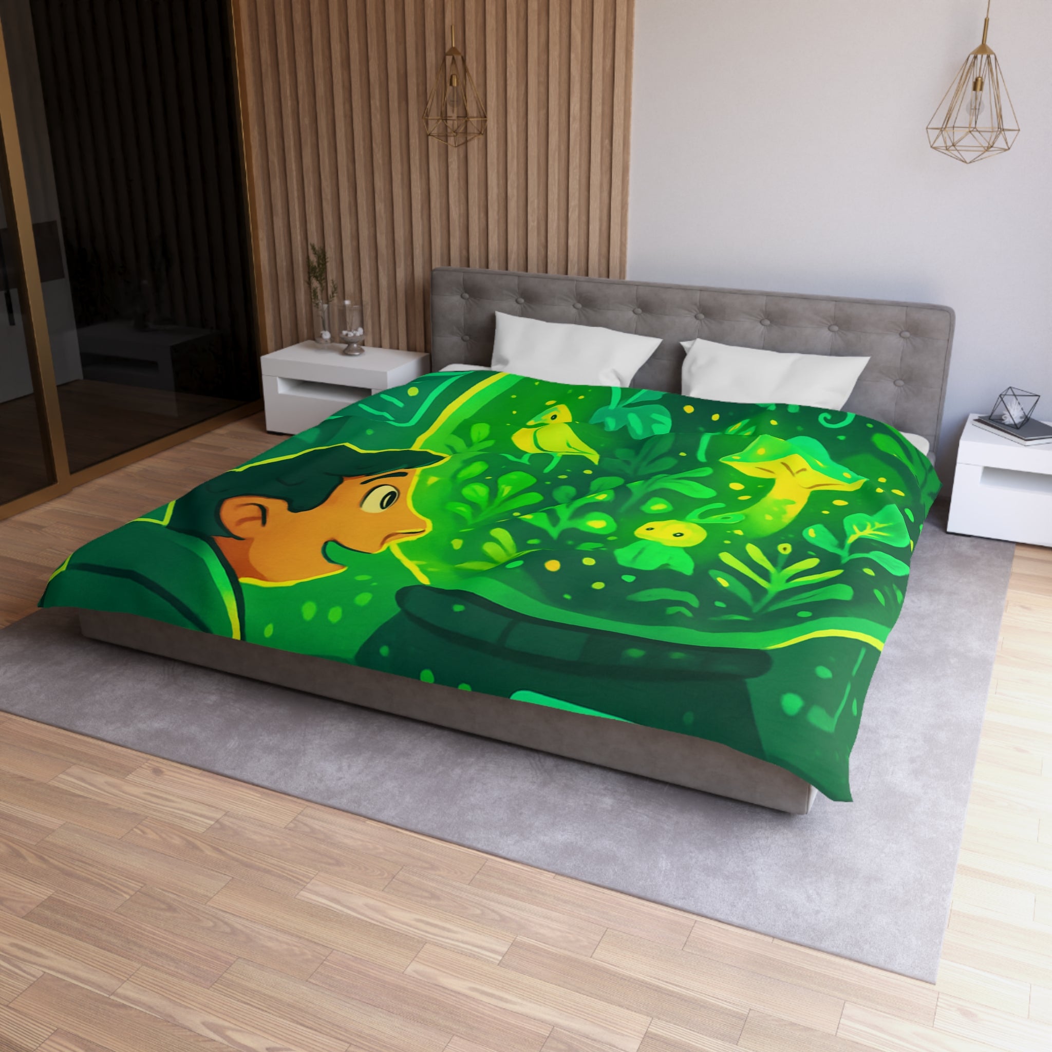 Housse de couette verte forêt magique avec créatures et éléments de laboratoire lumineux