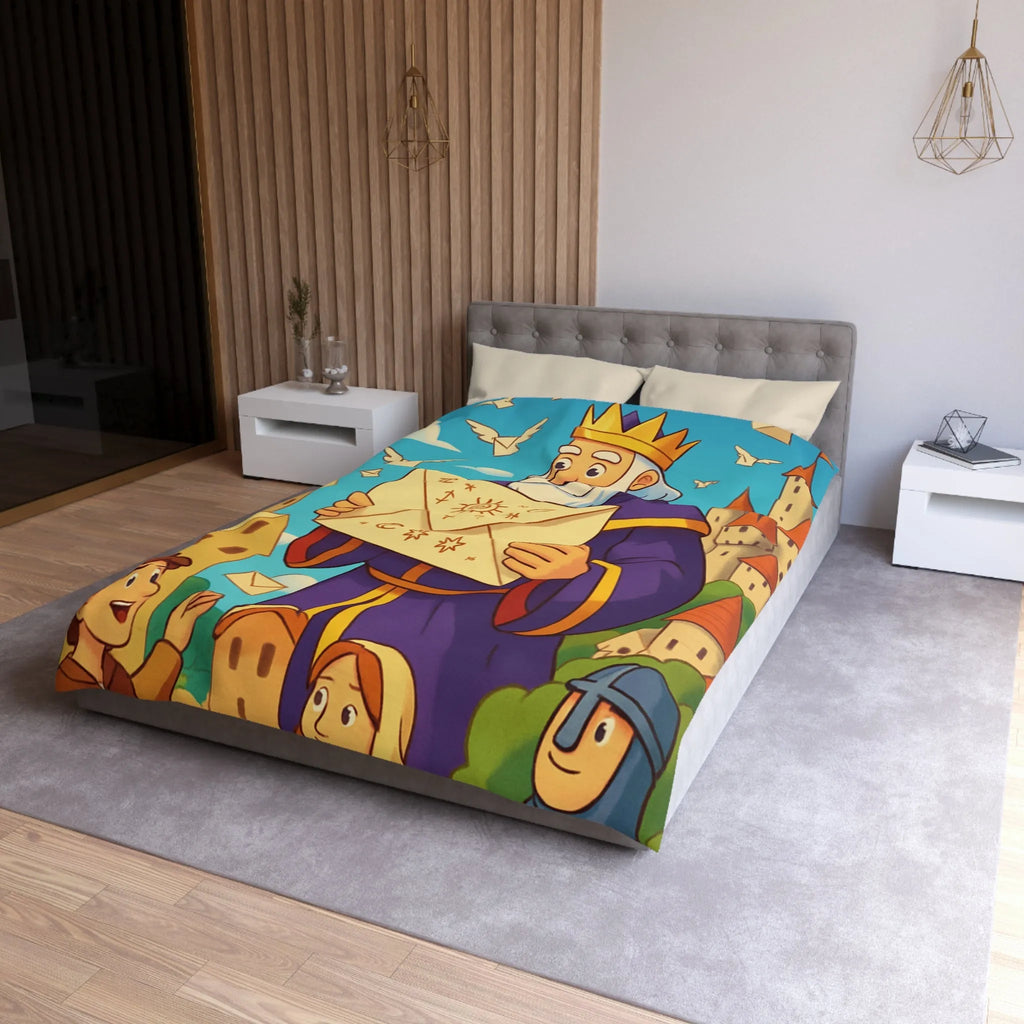 Housse de couette joyeuse avec roi médiéval et château féerique pour enfants