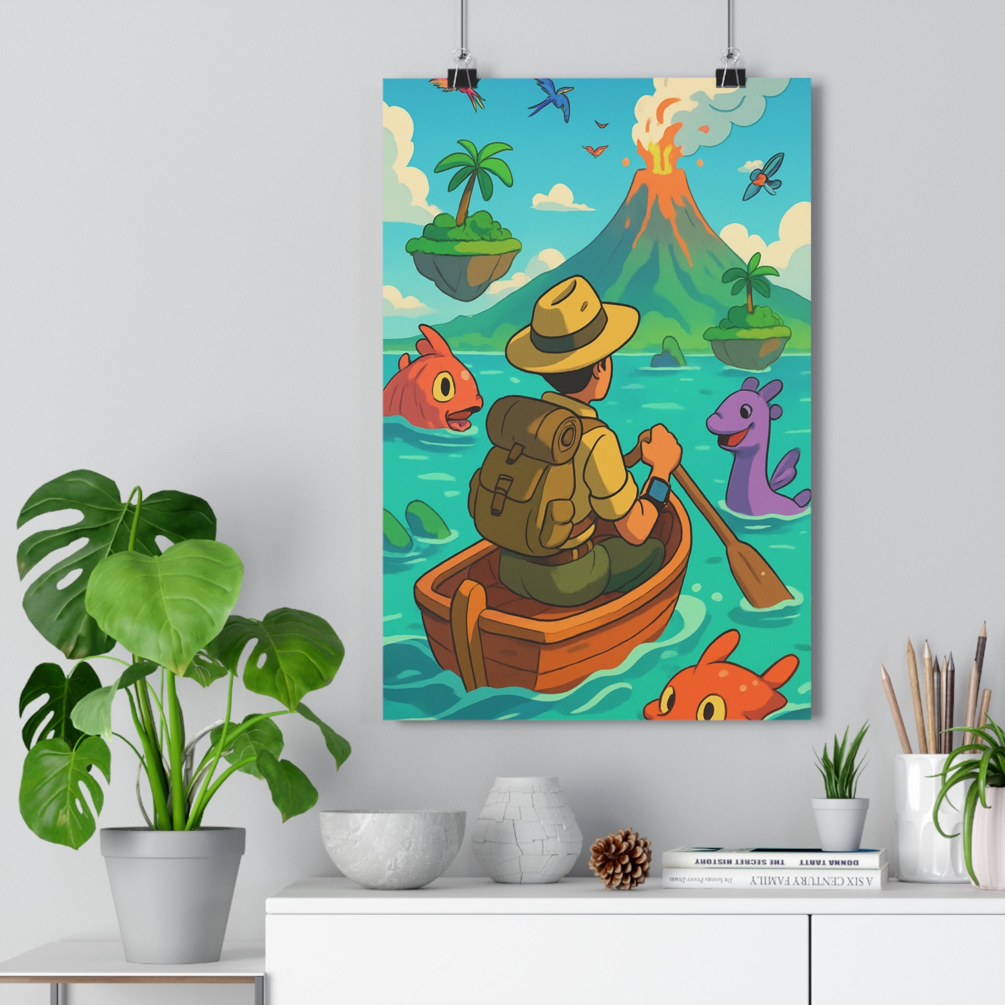 Poster décoratif aventure coloré ludique explorateur marin exotique volcan chambre salon dynamique vibrant qualité