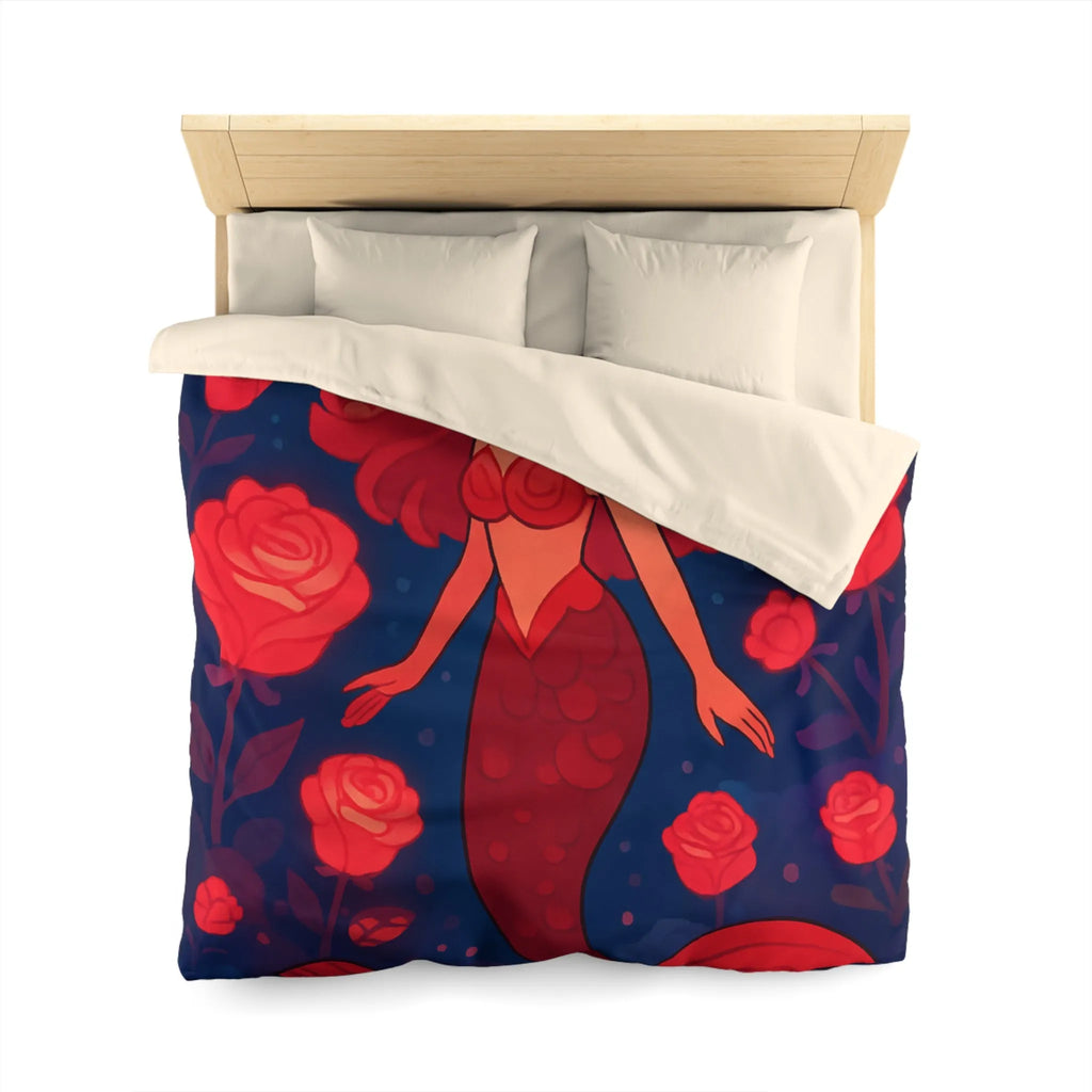 Enchantante scène de sirène rouge entourée de roses lumineuses et poissons fascinants