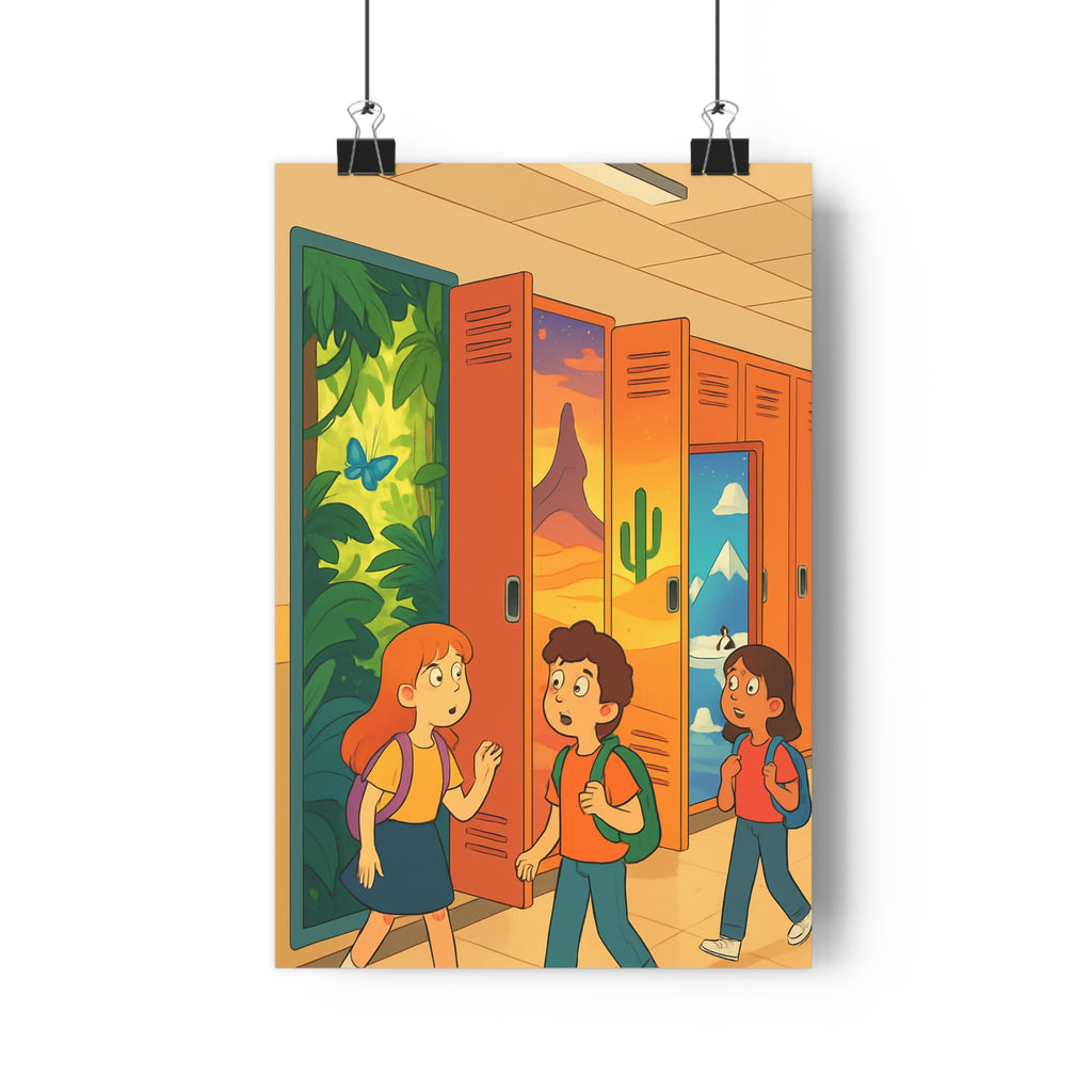 Poster décoratif dessin animé enfant aventure jungle désert montagne coloré vibrant imaginaire chambre curiosité