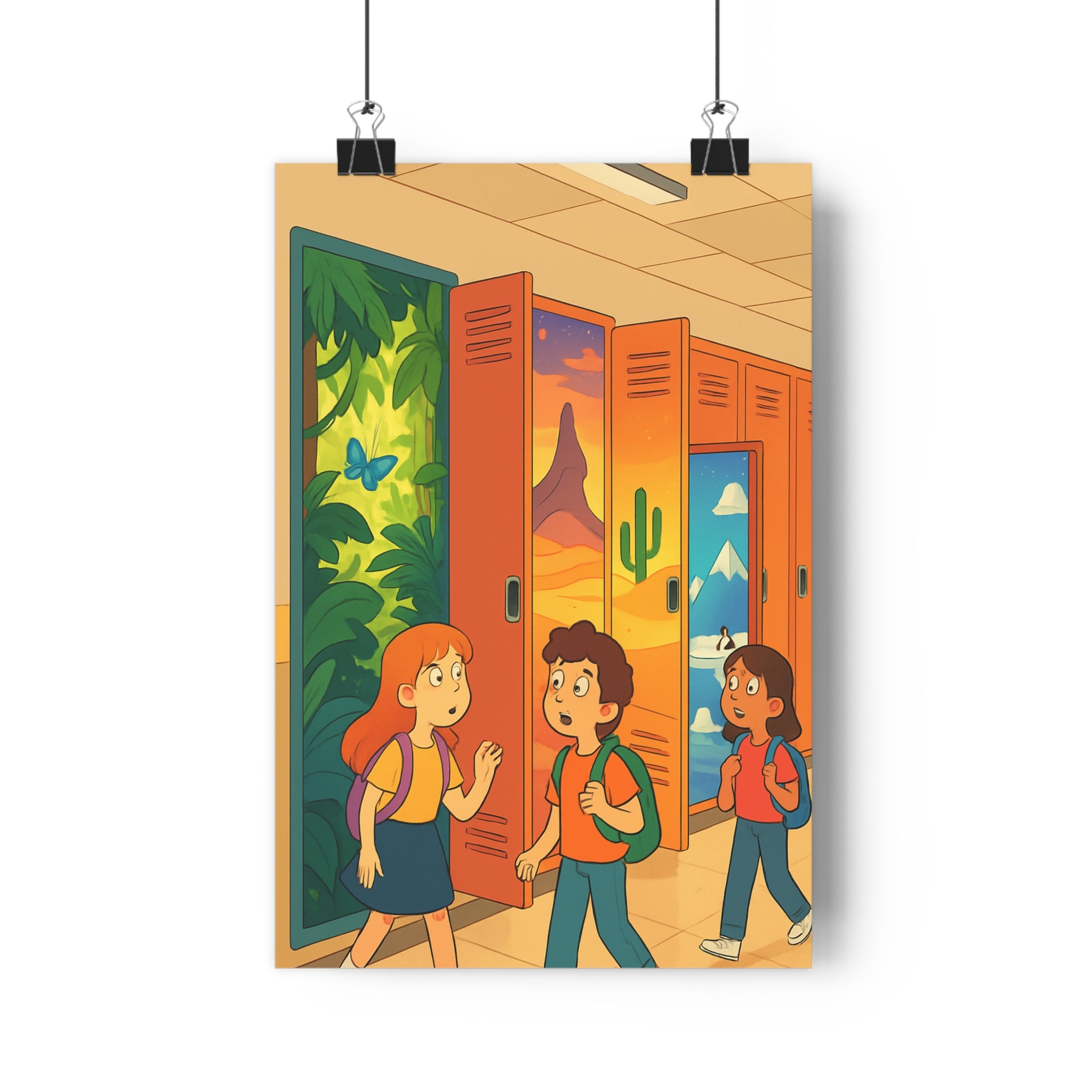 Poster décoratif cartoon couleur vibrante aventure enfant chambre imaginaire jungle désert montagne fantastique qualité