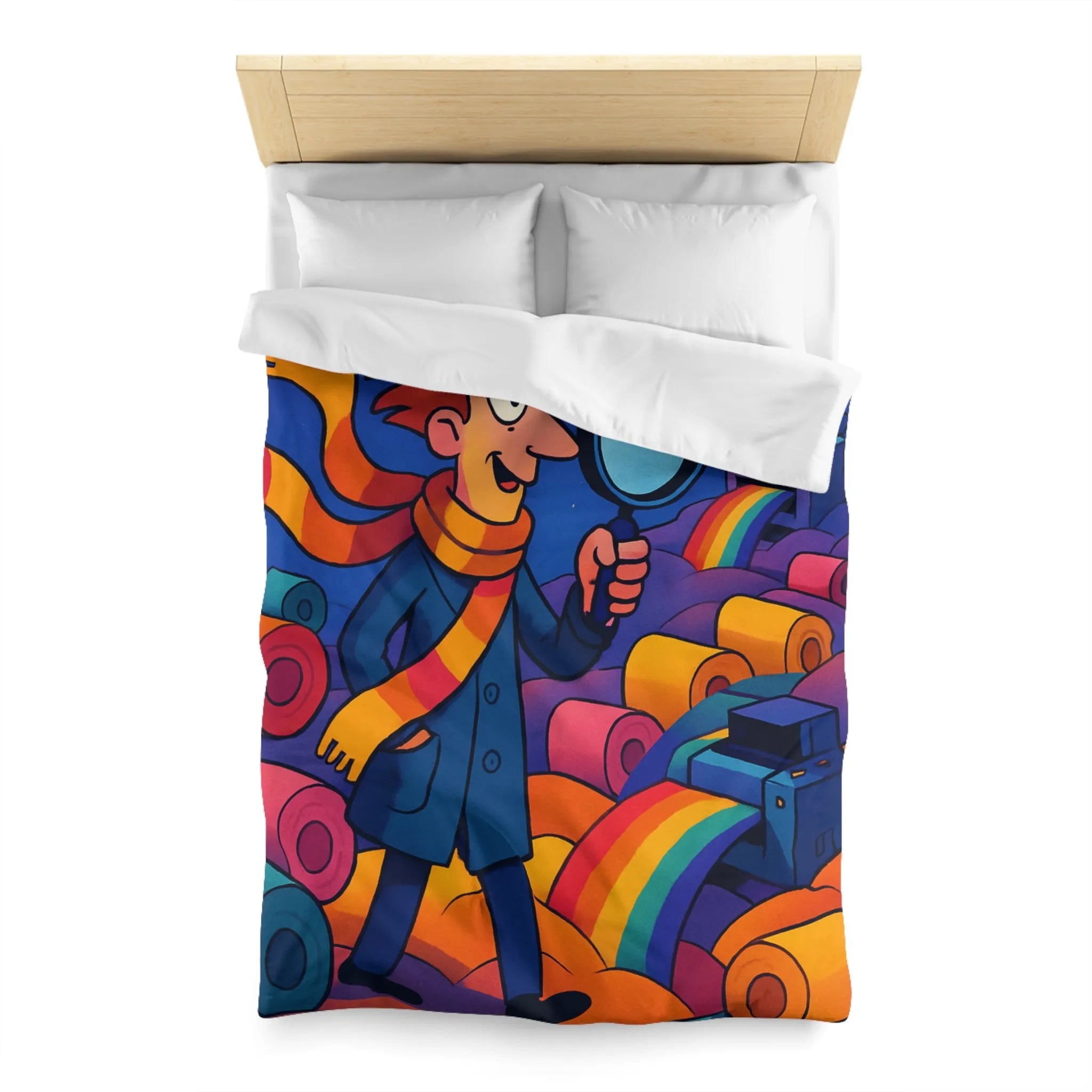 Explorez les couleurs et mystères sur housse de couette lumineuse avec détective fantaisiste