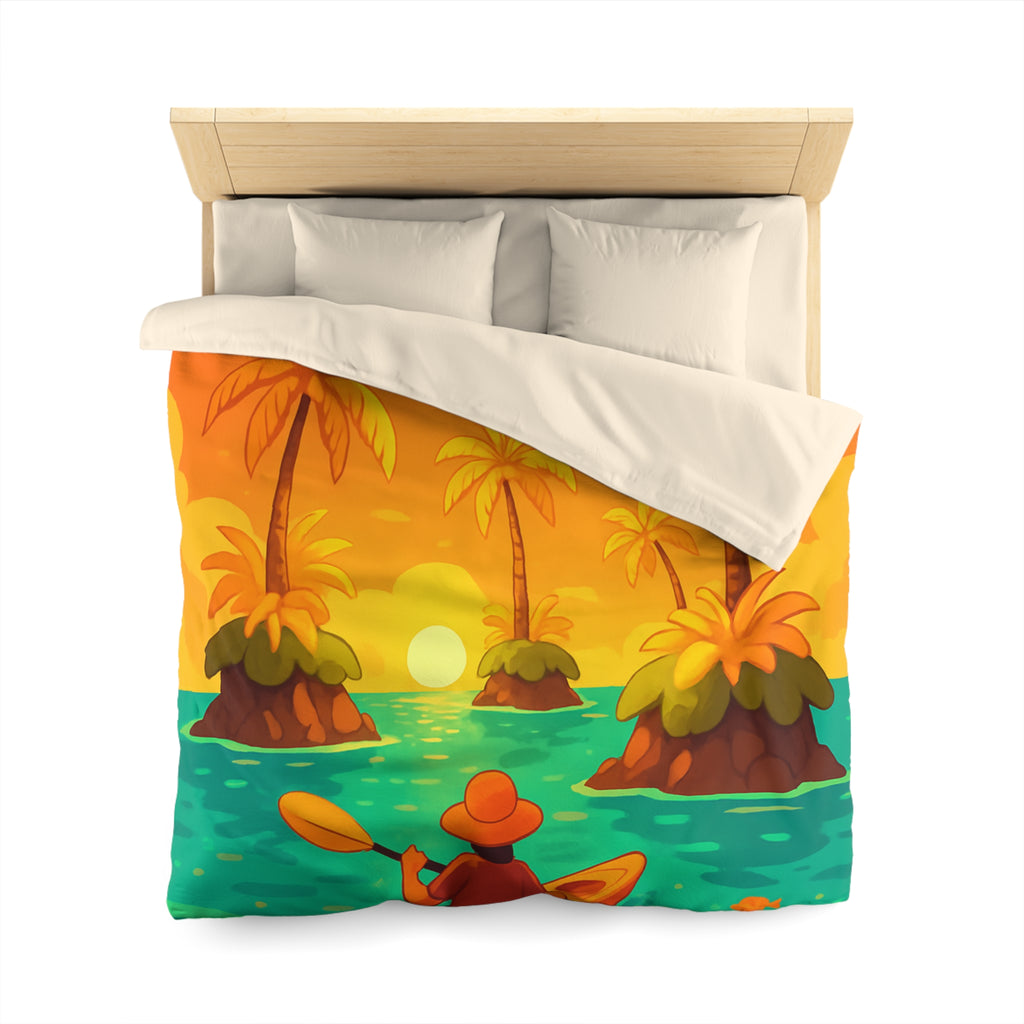 Housse de couette tropicale vibrante avec kayak, palmiers et perroquets au coucher de soleil