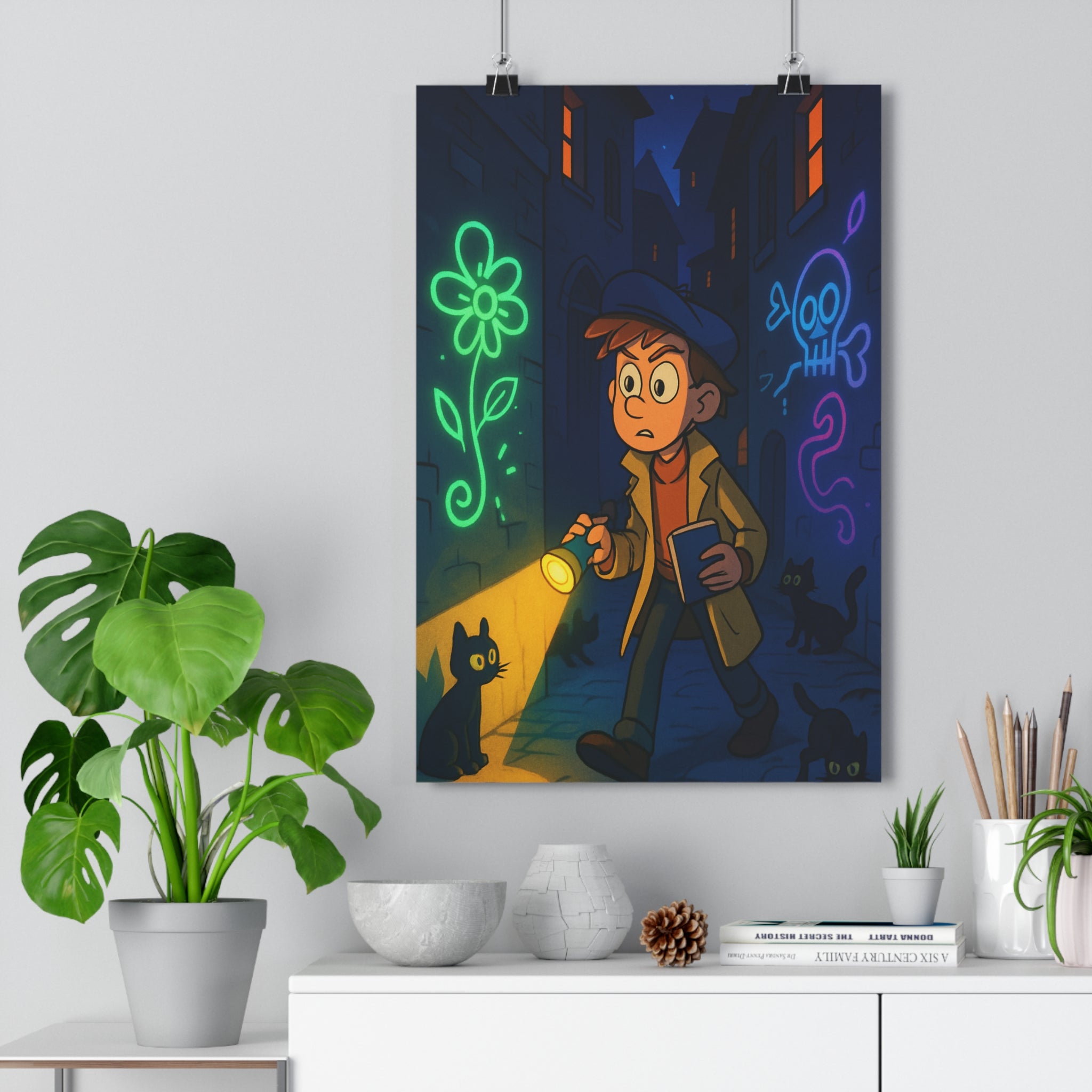 Poster décoratif cartoon sombre mystérieux aventure jeune explorateur graffiti chambre enfant couleurs contrastées qualité