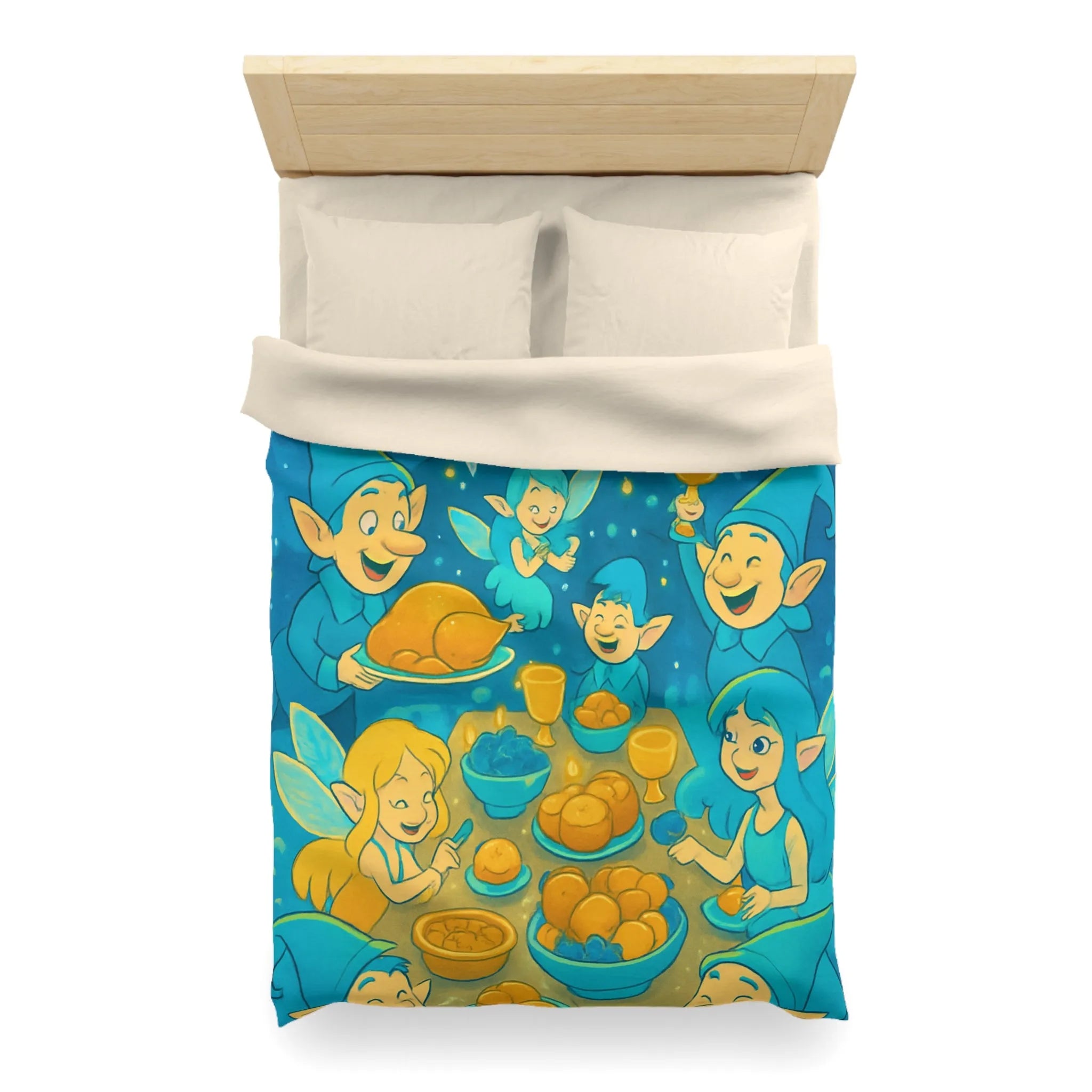 Housse de couette festive de lutins célébrant autour d'un sapin de Noël lumineux