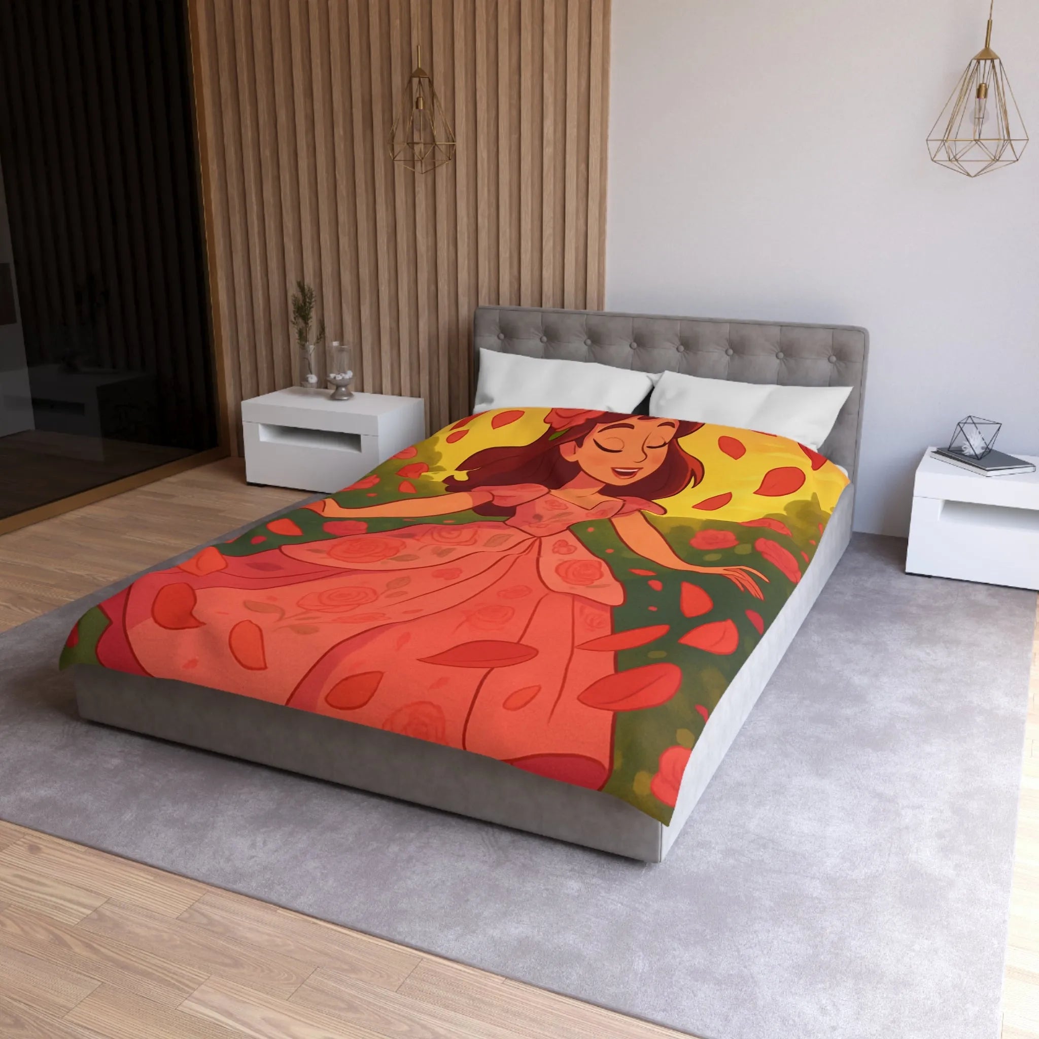 Housse de couette délicatement illustrée avec motif de danse joyeuse parmi les roses rouges