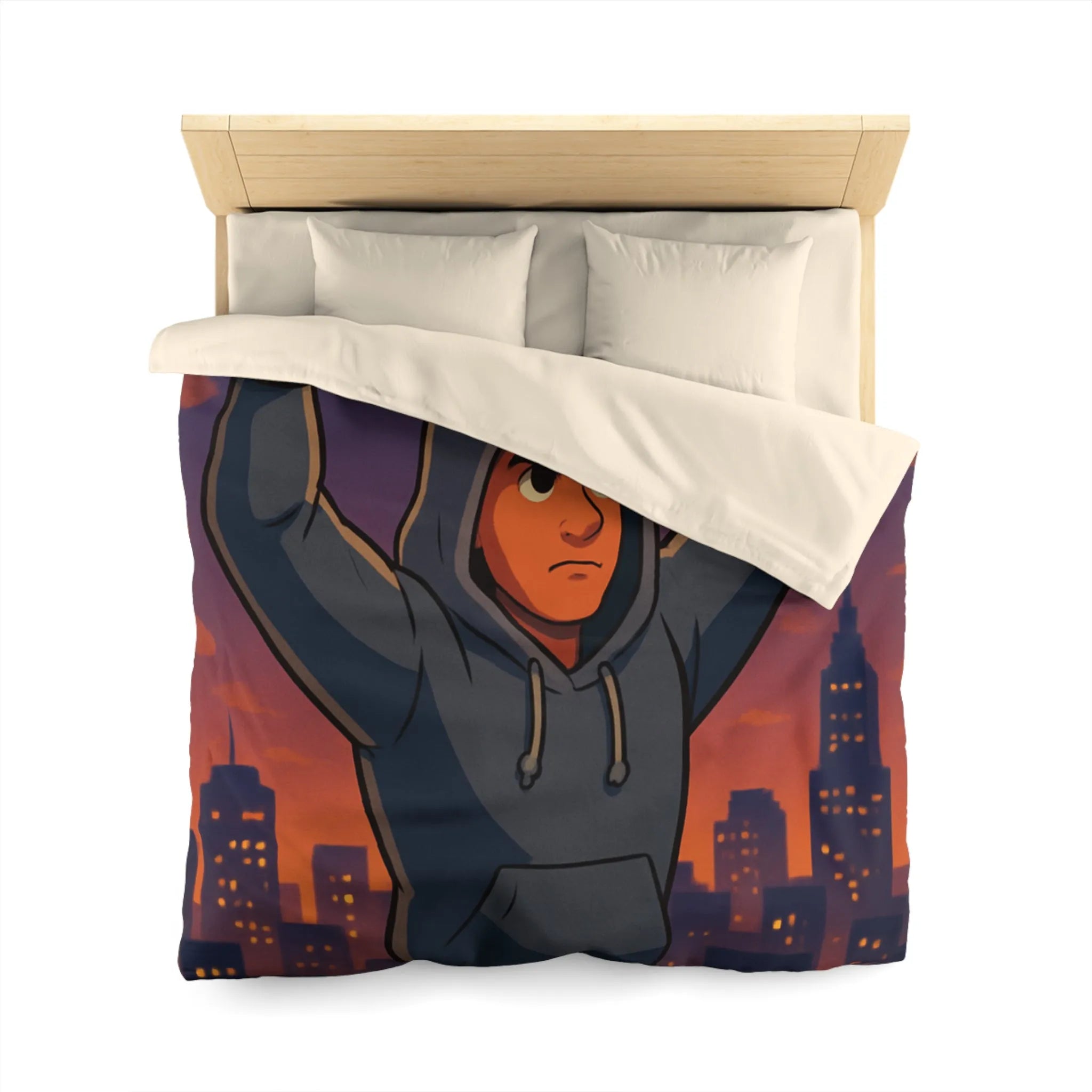 Housse de couette avec boxeur déterminé sous ciel de crépuscule en ville