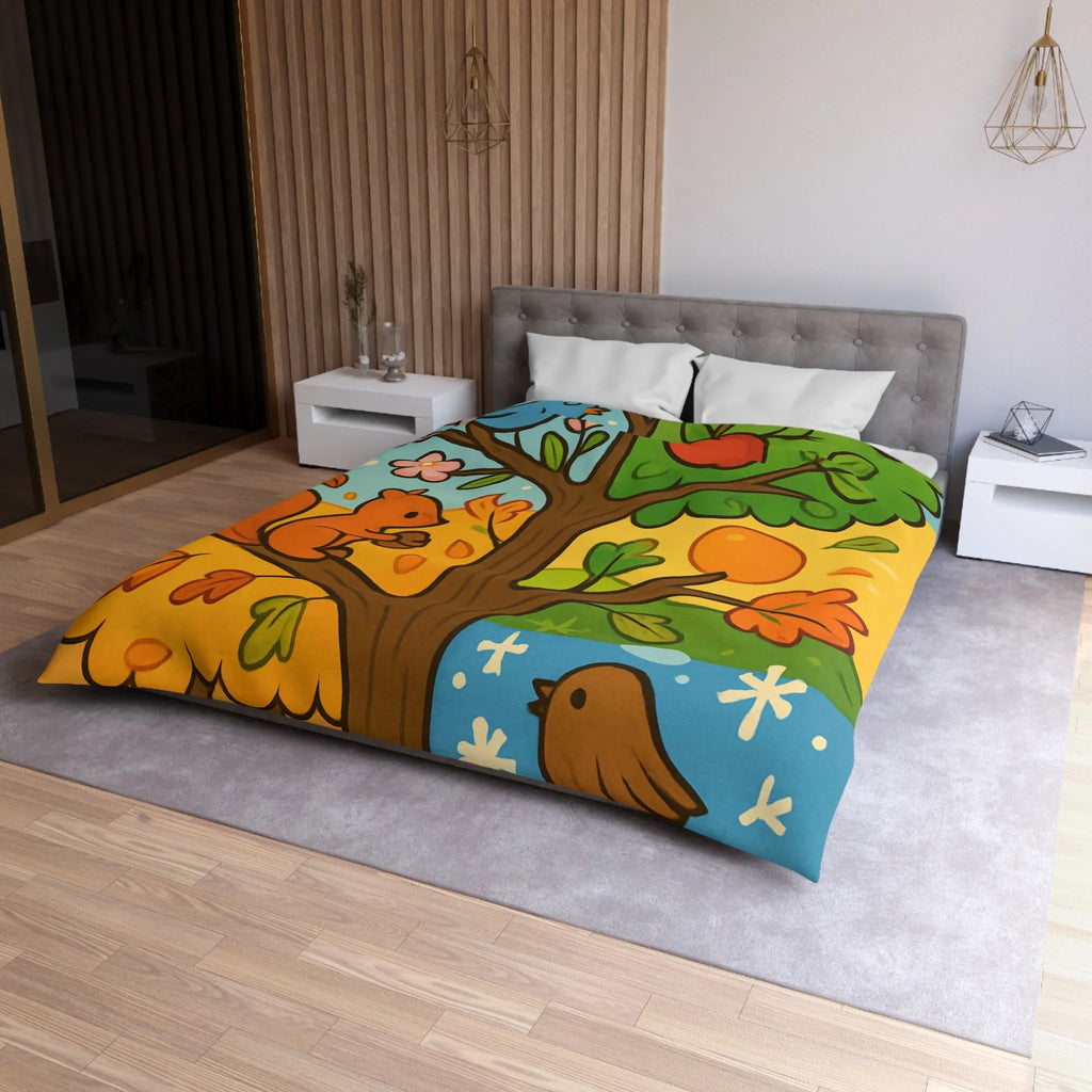 Housse de couette illustrée de l'arbre des quatre saisons avec nature et faune