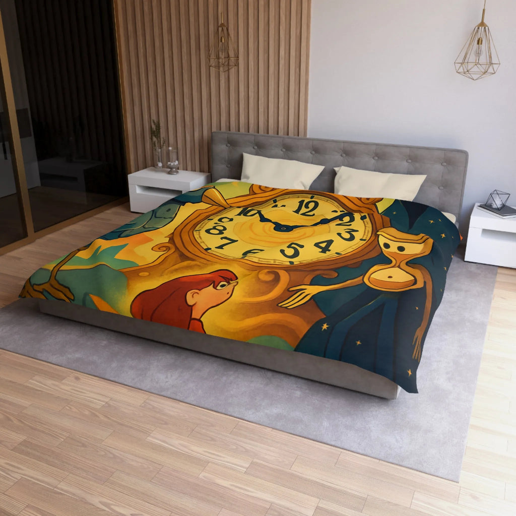 Housse de couette fantastique avec horloge magique et personnages mystérieux en illustration onirique