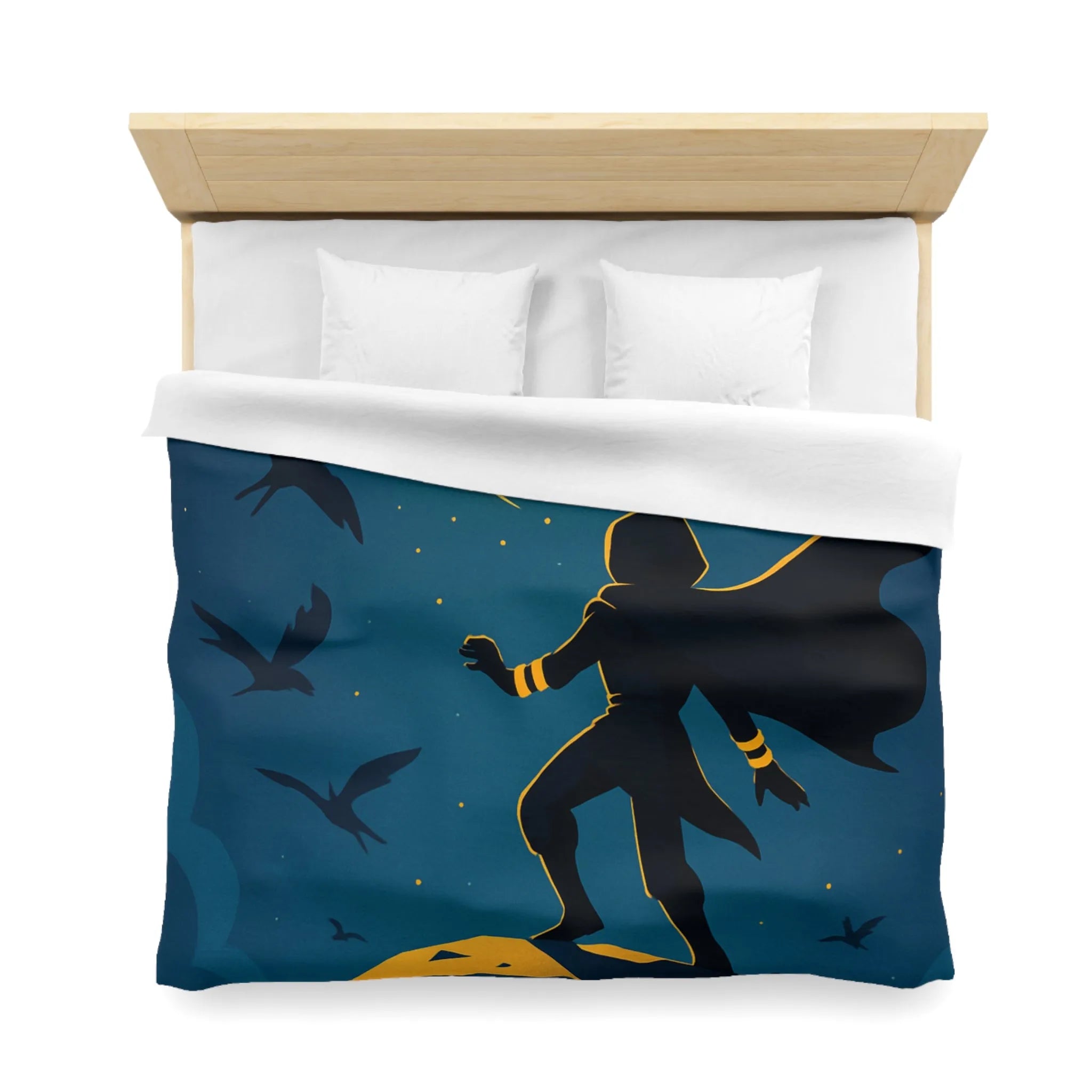 Housse de couette aventure magique, silhouette et spirale dorée dans ciel étoilé