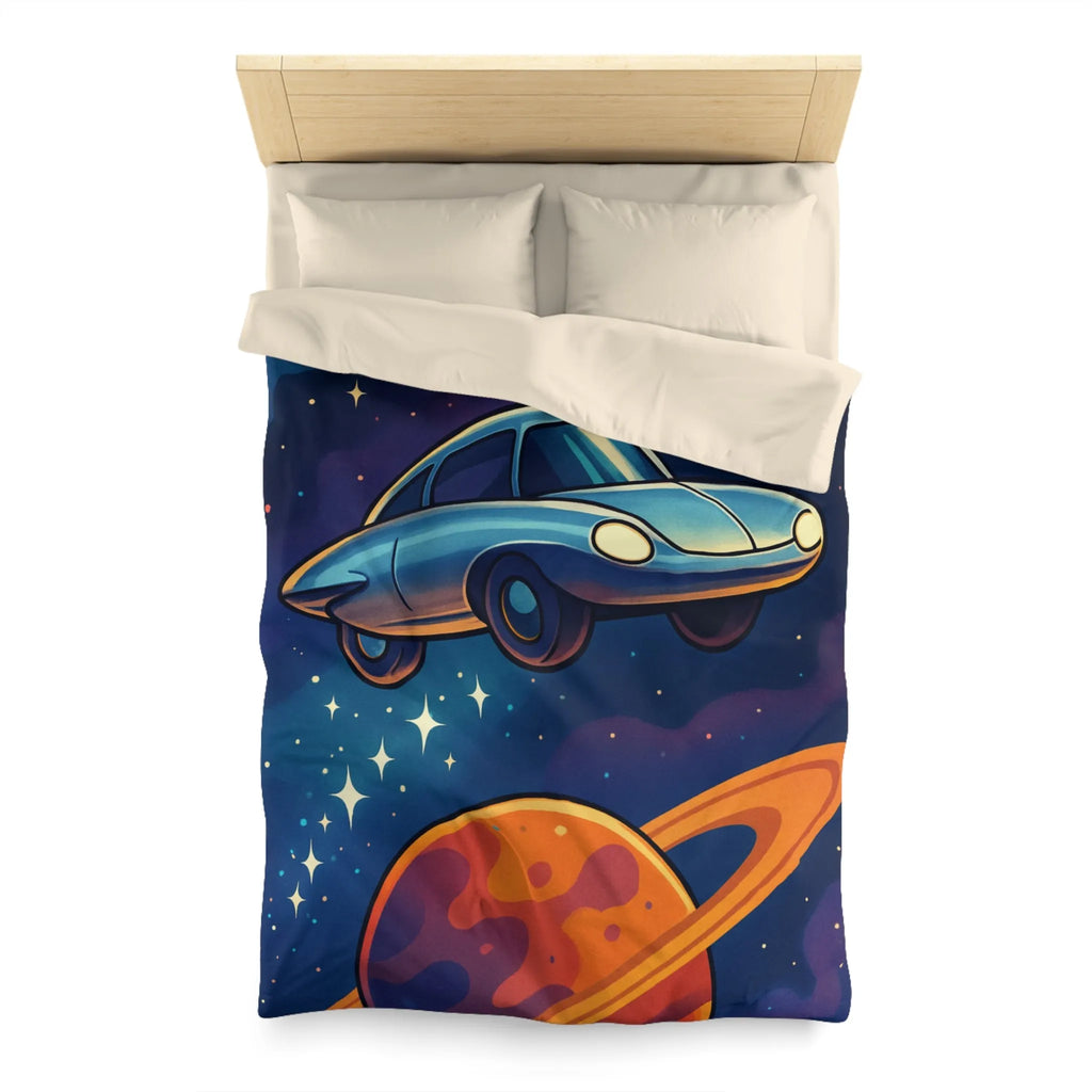 Housse de Couette Artistique Spatiale avec Voiture Volante et Planète Saturne Colorée