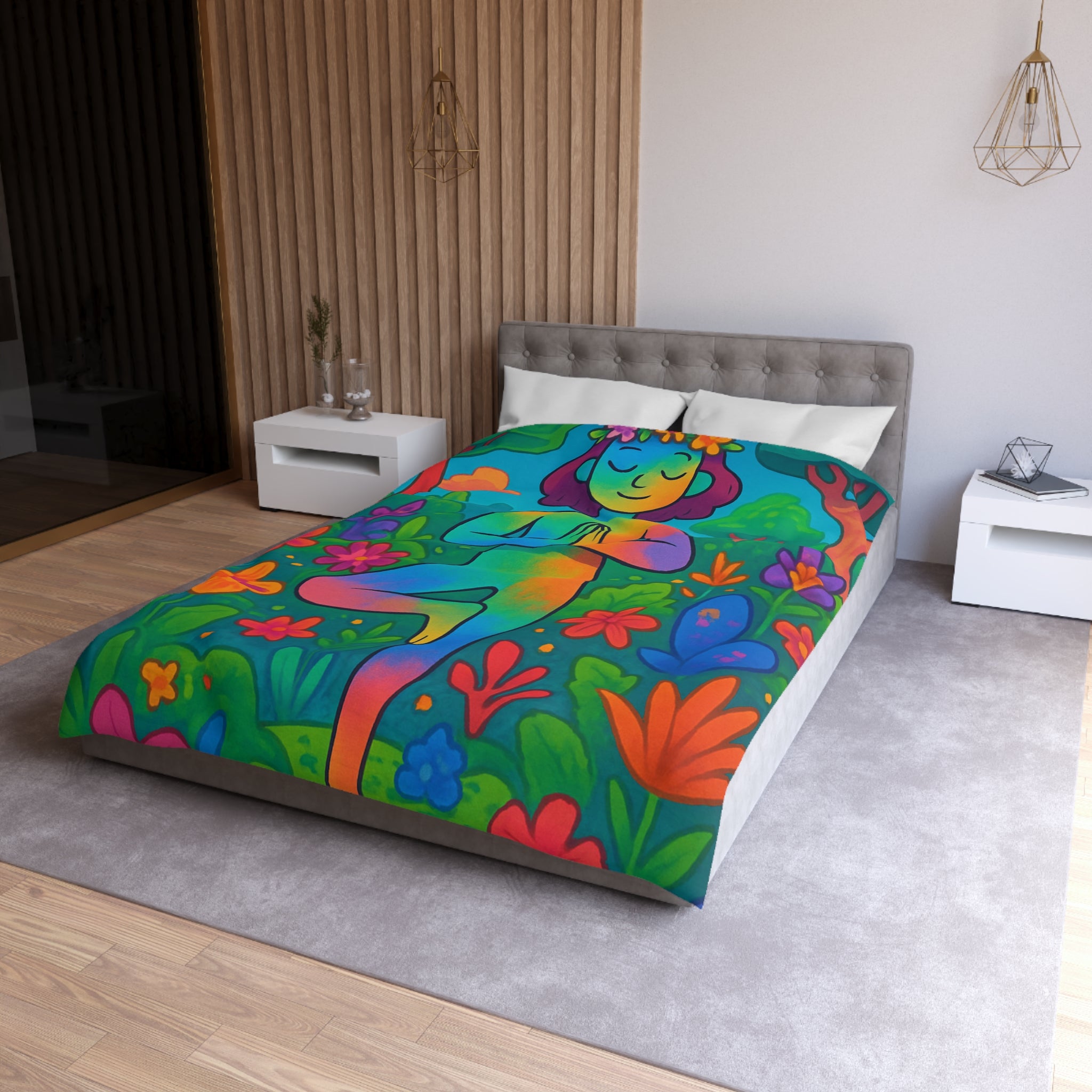 Housse de Couette avec Illustration Arc-en-Ciel d’une Personne Pratiquant le Yoga en Nature