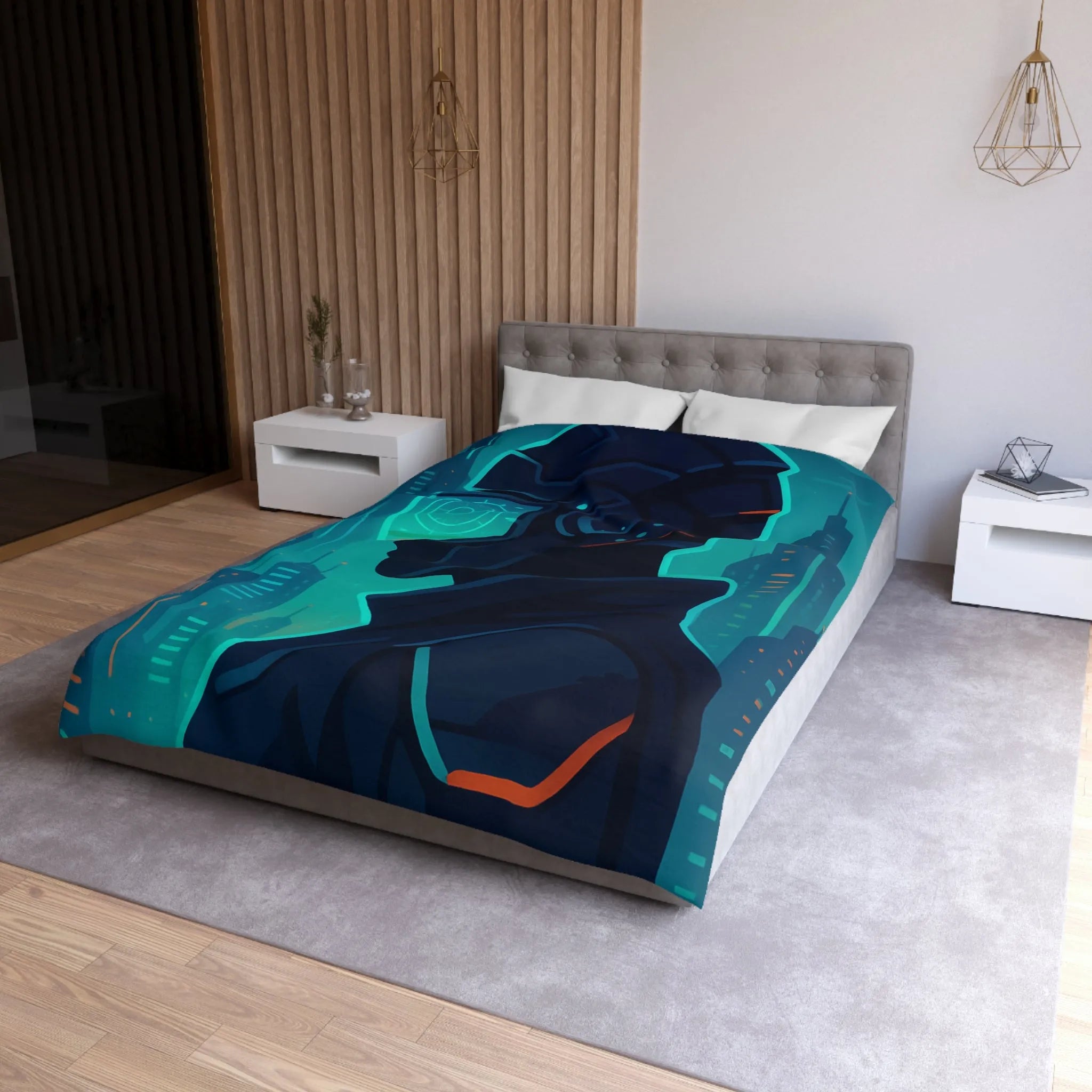 Housse de couette futuriste avec casque de réalité virtuelle et gratte-ciels lumineux