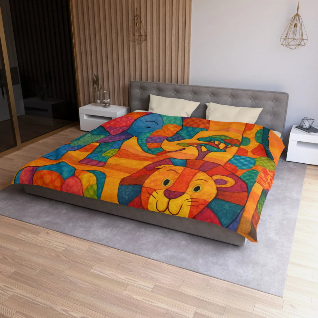 Housse de couette colorée avec éléphants, girafe et lion en style patchwork