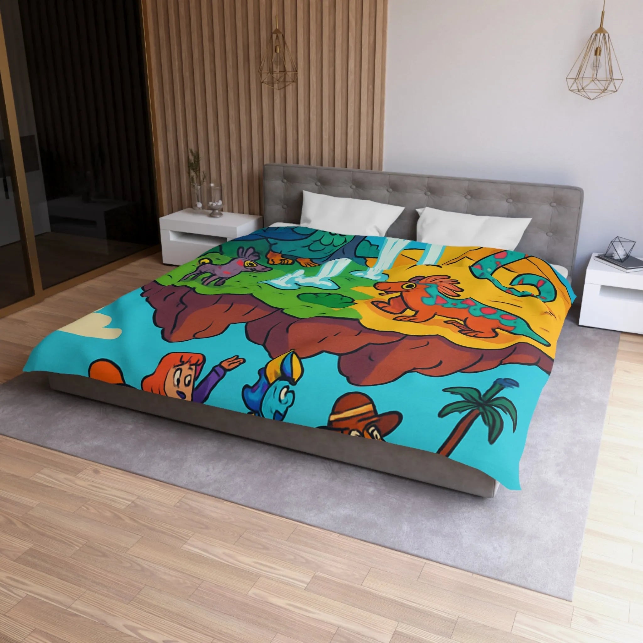 Housse de couette fantaisie avec animaux colorés sur une île flottante magique